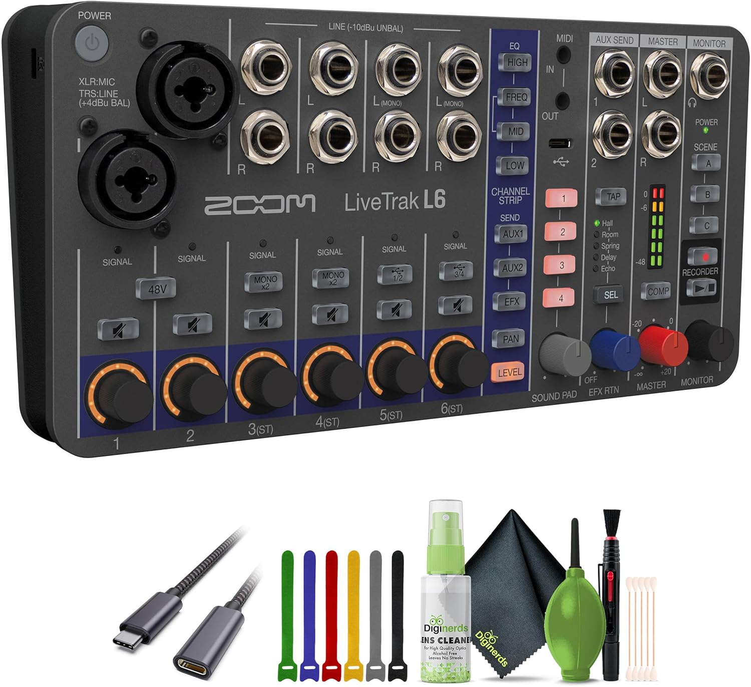Zoom LiveTrak L-6 Portable 6-Channel Digital Mixer and Multitrack Recorder + Cleaning kit + USB C to Male USB C Cable + Wire Straps