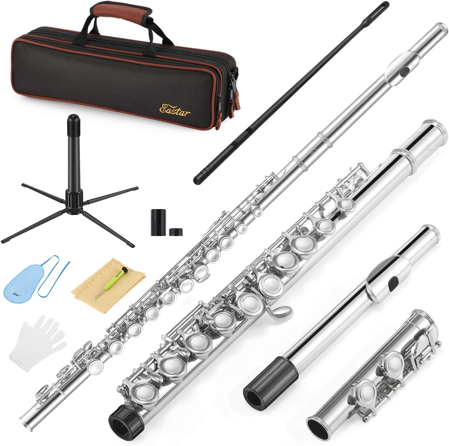Eastar Closed Hole 16 Keys Flute for Beginner Kids Student with Cleaning Kit, Stand, Case, Gloves, Tuning Rod, Nickel, EFL-1