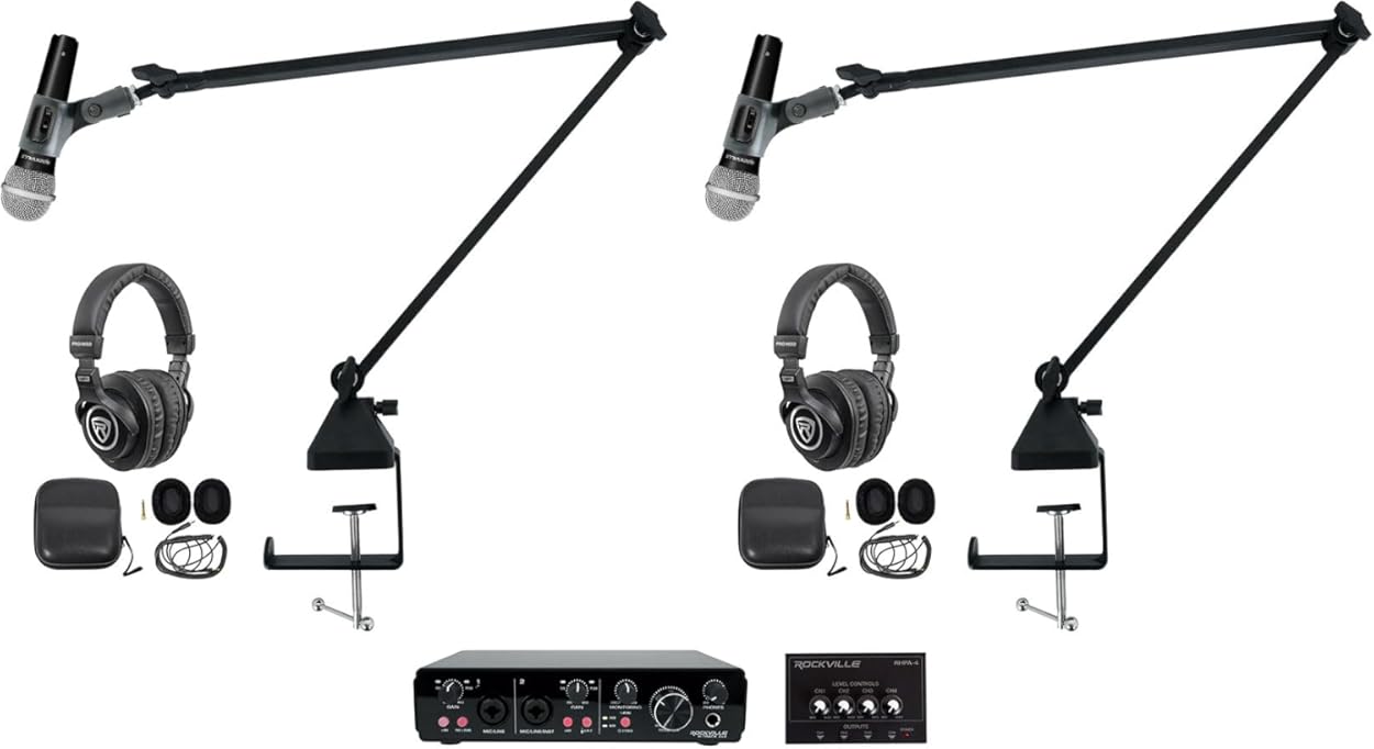Rockville R-TRACK 2x2 Bundle: USB audio interface 24 Bit, (2) RMC-XLR dynamic mic, (2) PRO-M50 Studio Headphones, (2) R-BOOM 34