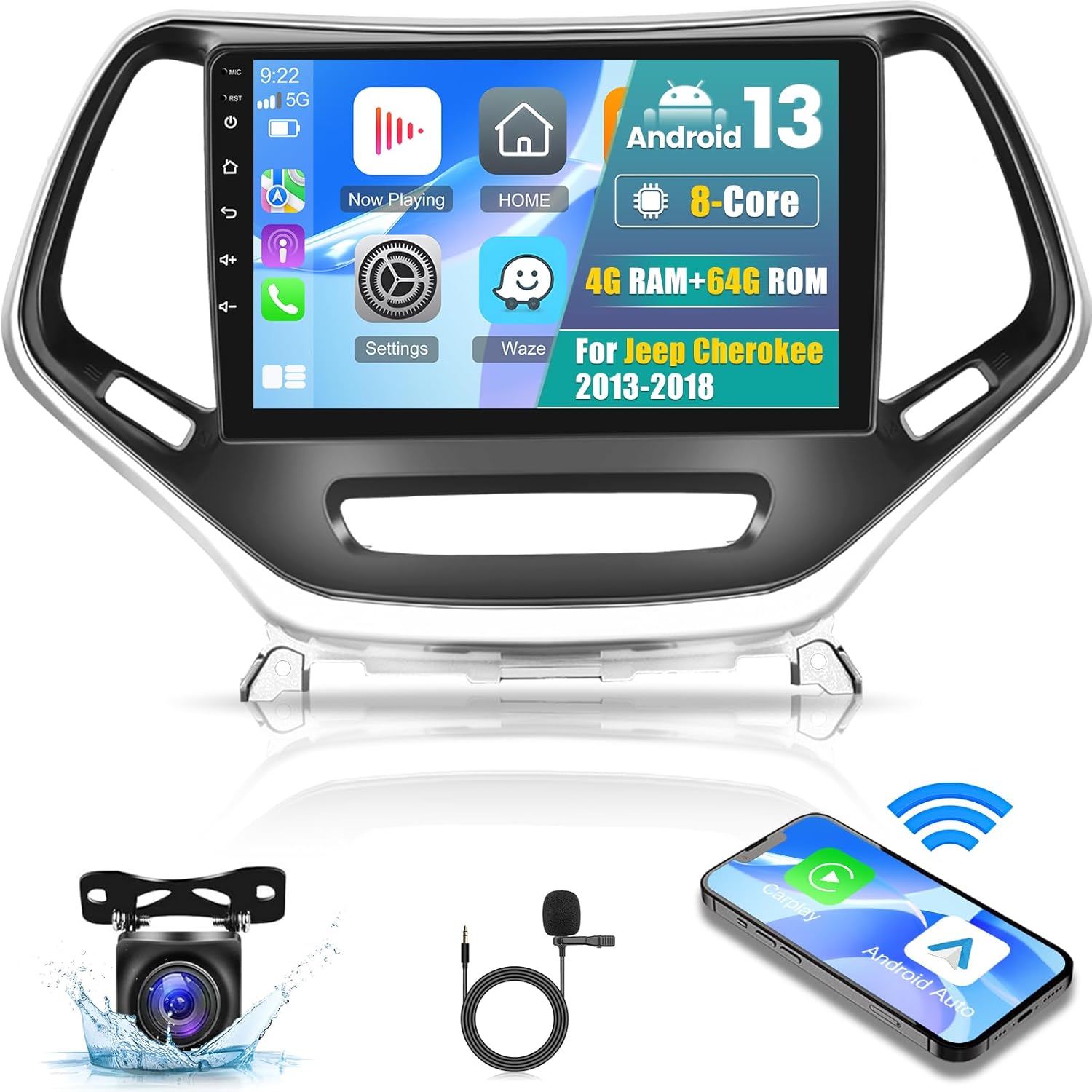 [4G+64G] 8 Core Car Radio for Jeep Cherokee 2013 2014 2015 2016 2017 2018 - Android 13 Touch Screen Cherokee Stereo, DSP 32 EQ/IPS/Carplay/Android Auto/SWC/BT/WiFi + AHD Backup Camera