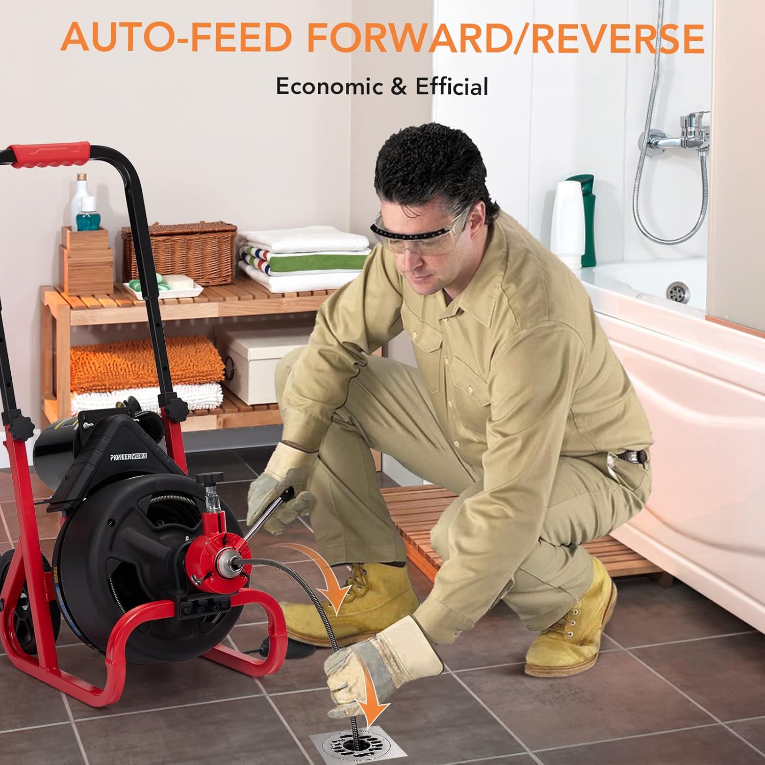 PIONEERWORKS 75Ft x 1/2 In Auto-feed Drain Cleaner Machine 5.8A, Electric Drain Auger Professional for 2 to 4 Inch Pipes, with 6 Cutters, GloveS, Drain Auger Cleaner Sewer Snake