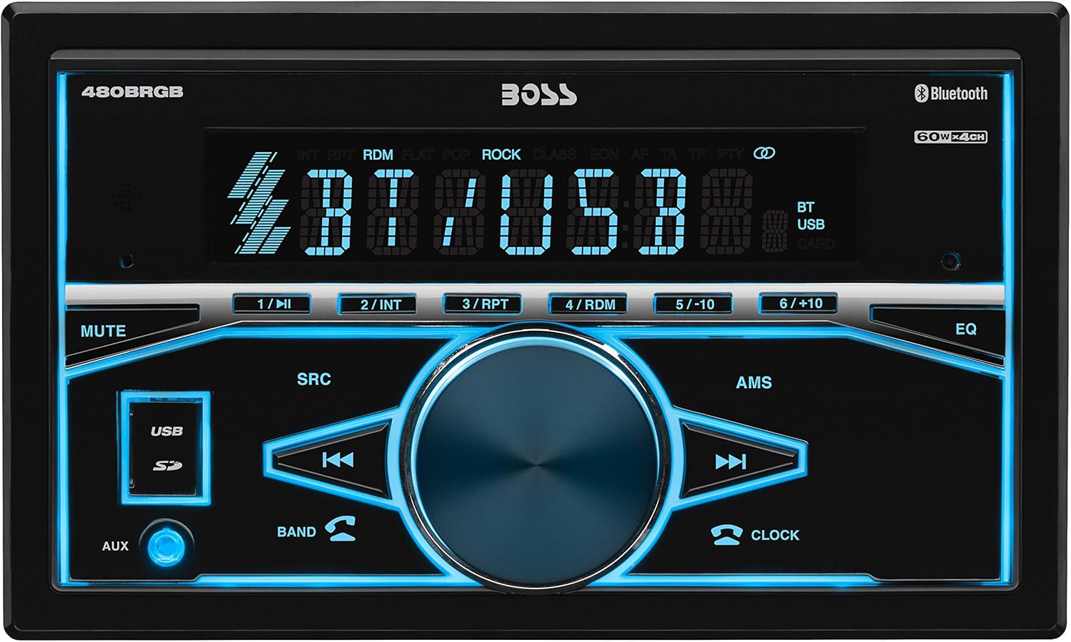 BOSS Audio Systems 480BRGB Car Stereo - Double Din, Bluetooth, No CD DVD Player, AM/FM Radio Receiver, USB, AUX In, Multicolor Illumination