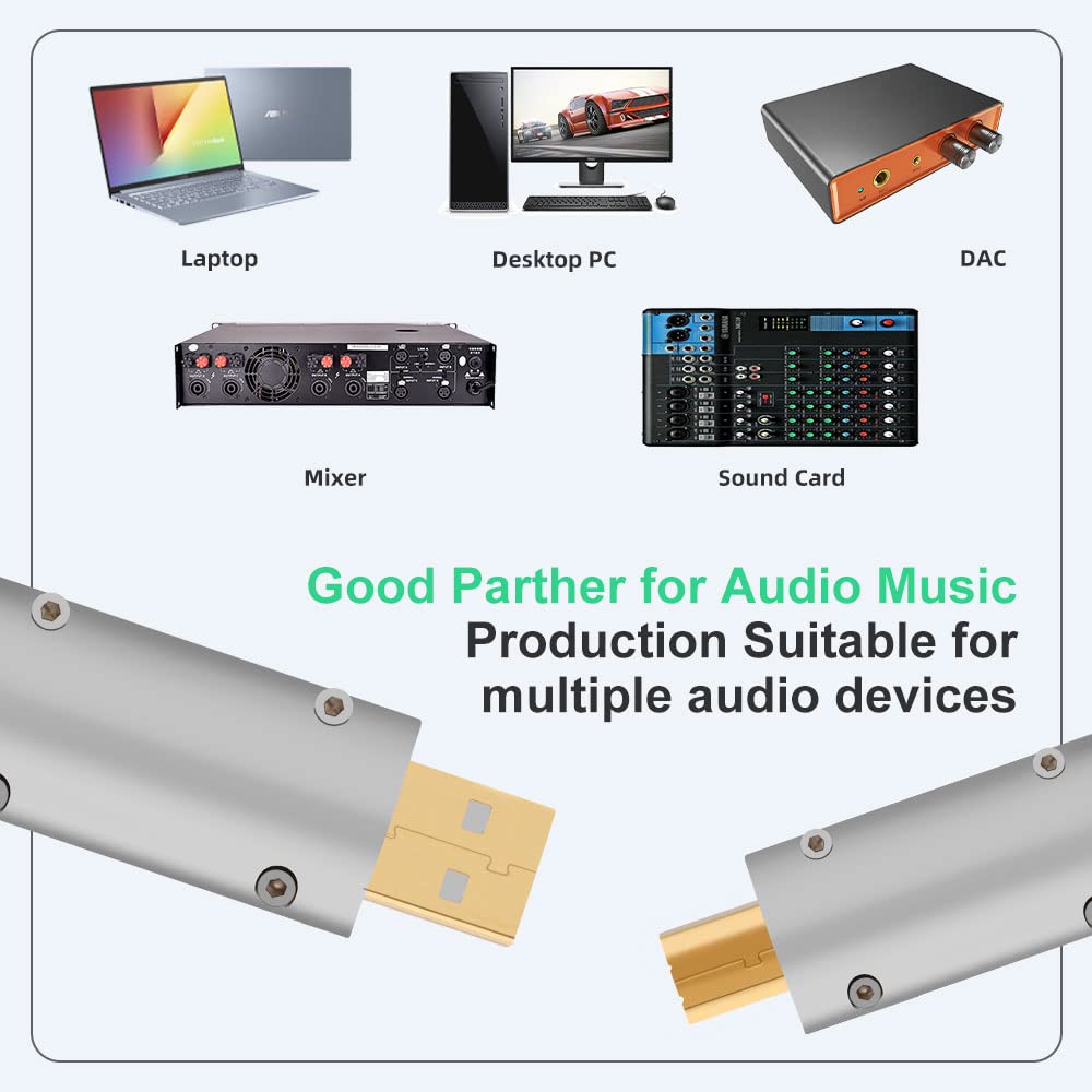 Monosaudio USB 2.0 A to B Data Cable, 1M/3.3Ft, OFC Copper, 3-Layer Shield, 24k Gold-Plated Connectors, for DAC, Decoder, Printer, Computer, Audio Equipment
