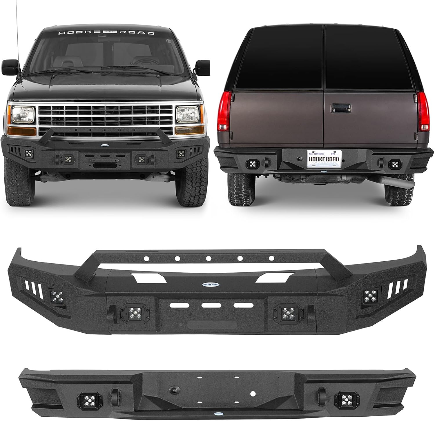 Hooke Road Front & Rear Bumper Set for 1992-1999 Chevy Suburban/Tahoe & GMC Yukon | Off-Road Steel Bumpers with Winch Plate, LED Lights & D-Ring Mounts