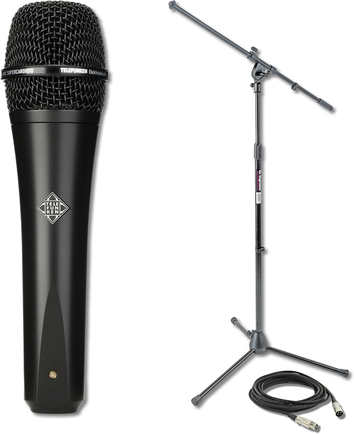 Telefunken M80 Black Dynamic Handheld Vocal Microphone with On-Stage MS7701B Boom Microphone Stand and Professional Grade XLR Cable