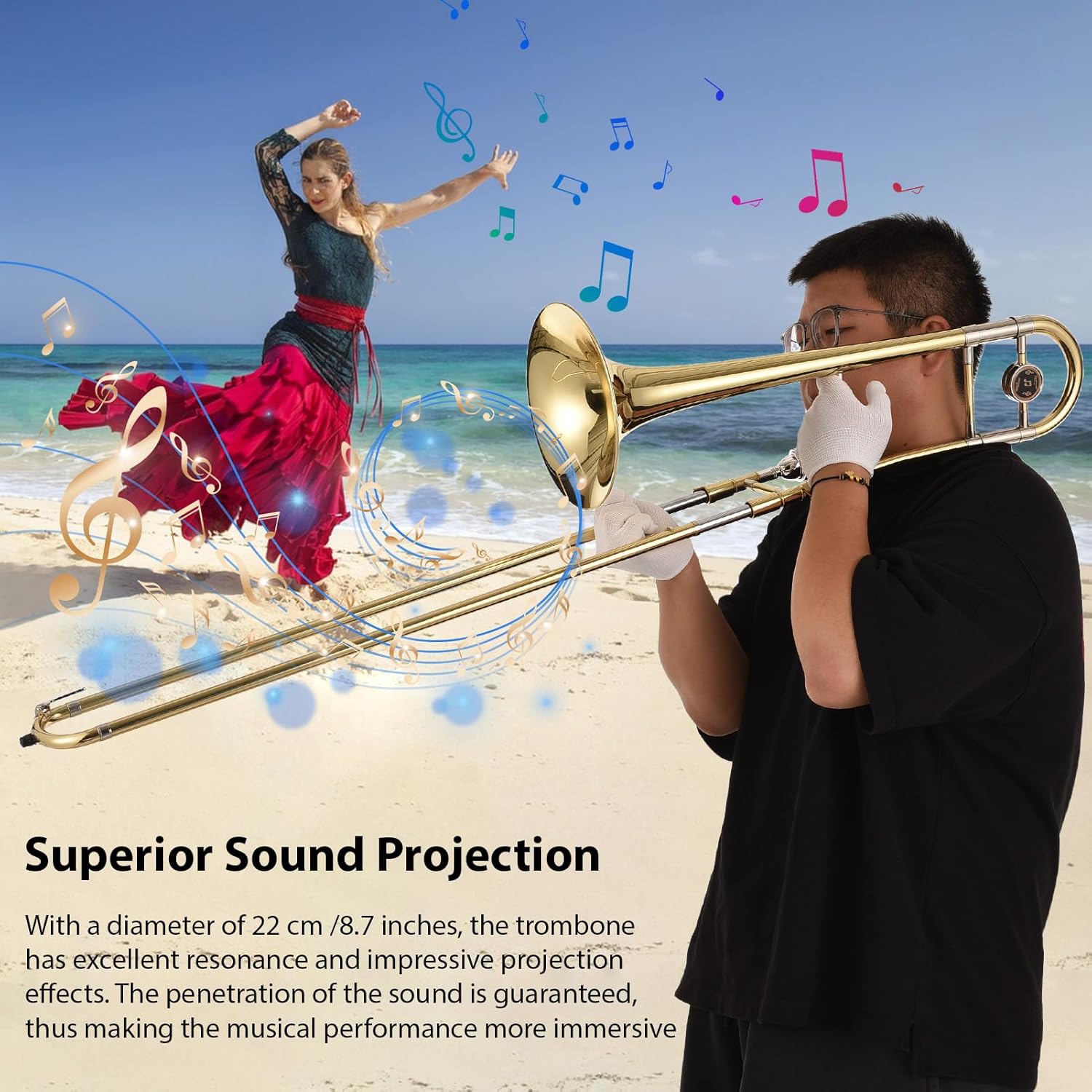 Bb Tenor Trombone for Beginners, Brass Plated, with Mouthpiece, Carrying Case, White Gloves, Cleaning Cloth