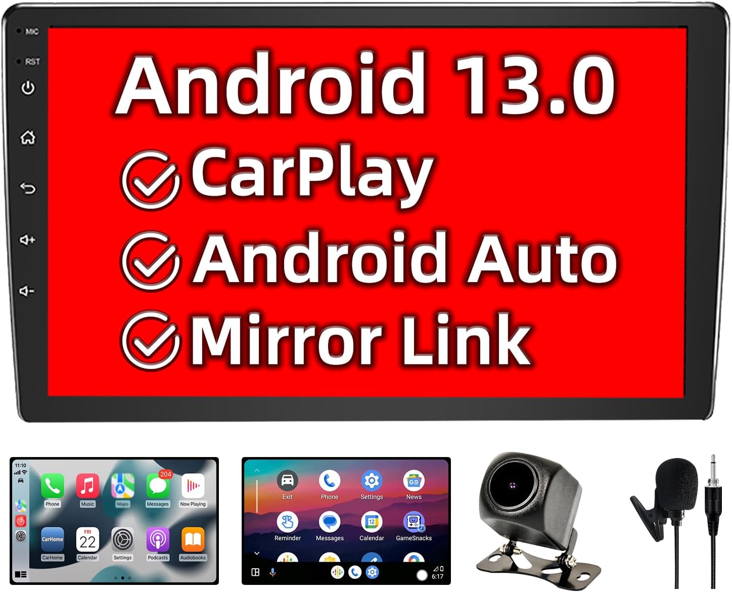 Binize Double Din Car Stereo Android 13 Head Unit 10.1 Inch Car Radio with Wireless Carplay Android Auto Touch Screen Radio Head Unit Multimedia Player,Bluetooth,GPS Navigation,FM,Backup Camera