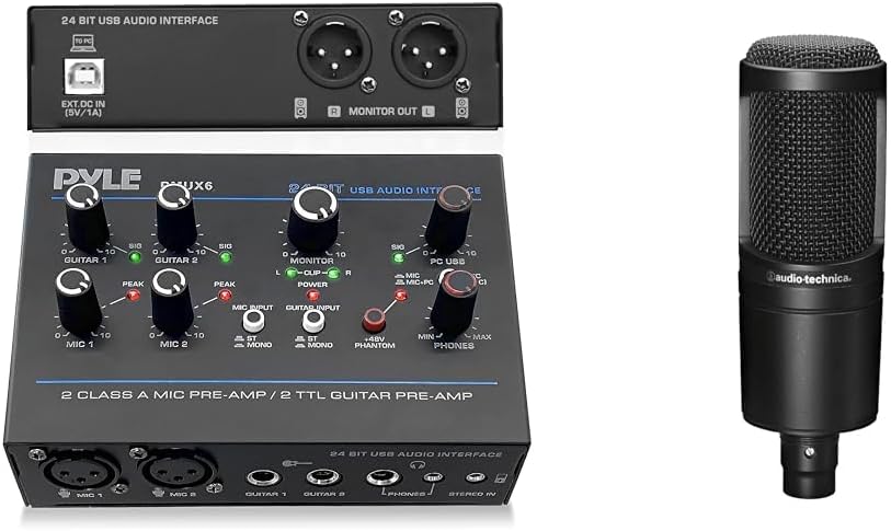 Pyle USB Audio Interface PMUX6 with Audio-Technica AT2020 Cardioid Studio Condenser Microphone