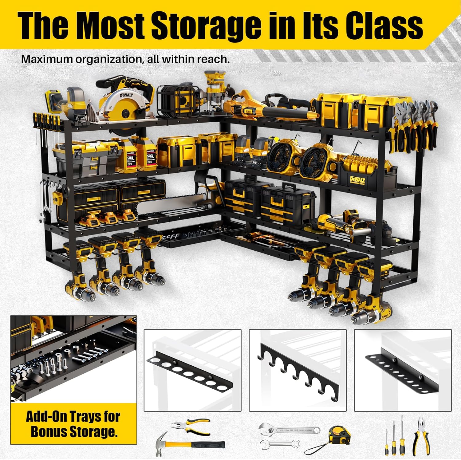 XLarge 64''W Power Tool Organizer Wall Mount | Modular&Corner-Fit 820lbs Garage Storage Rack with 8 Cordless Drill Holder | 4-Tier Heavy Duty Utility Shelf for Battery Workshop Organization