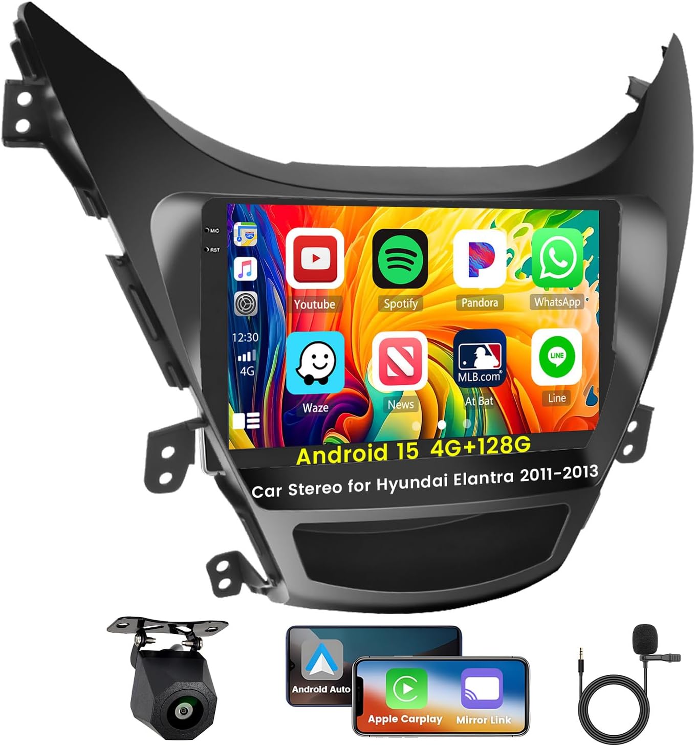 [4G+128G] Android 15 Car Radio for Hyundai Elantra 2011-2013 with Wireless Carplay/Android Auto, 9 Inch HD Touch Screen Car Stereo with GPS Bluetooth WiFi FM/RDS EQ SWC Backup Camera MIC