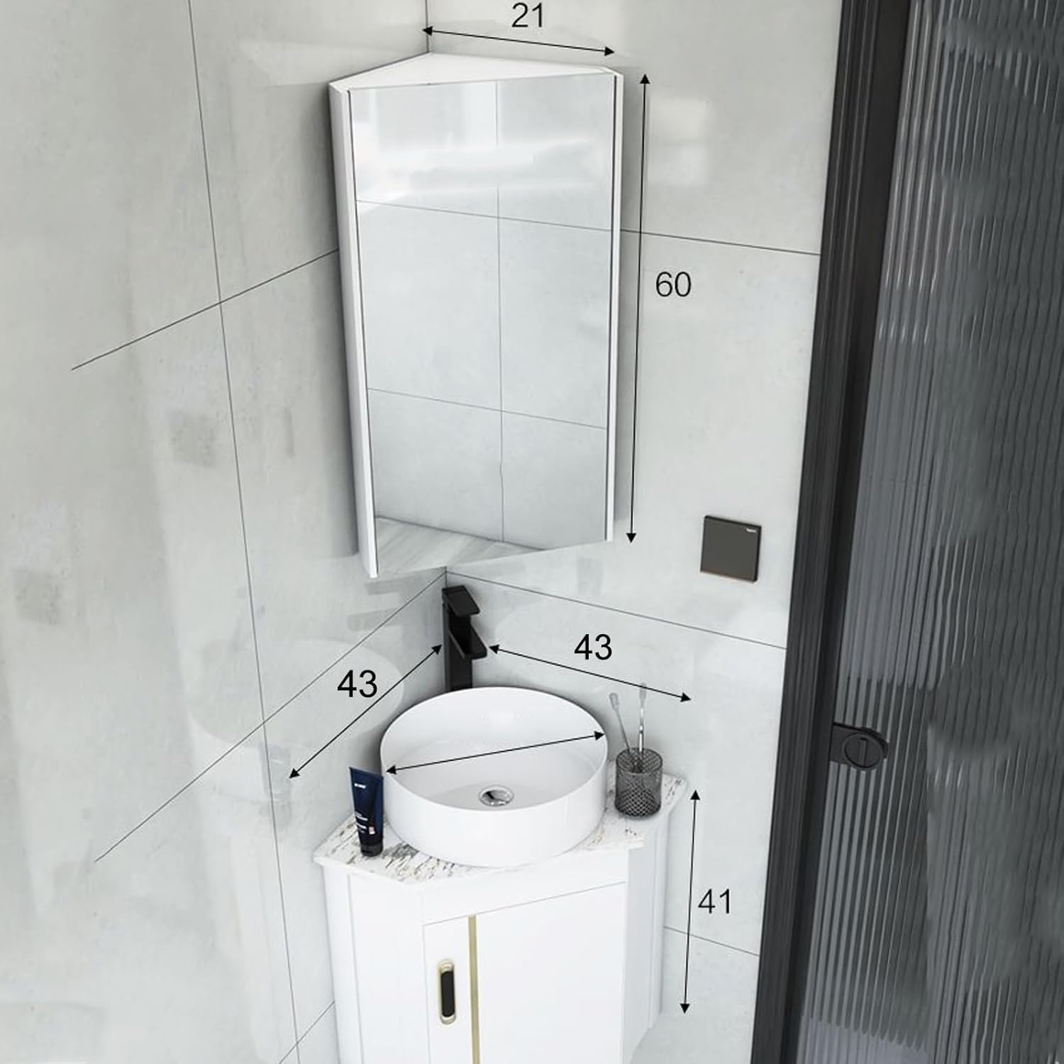 Corner Bathroom Vanity Wall Mount Small Utility Sink with Metals Cabinet Modern Bathroom Vanity Slate Countertop, Deeper Sink for Small Space(43cm)