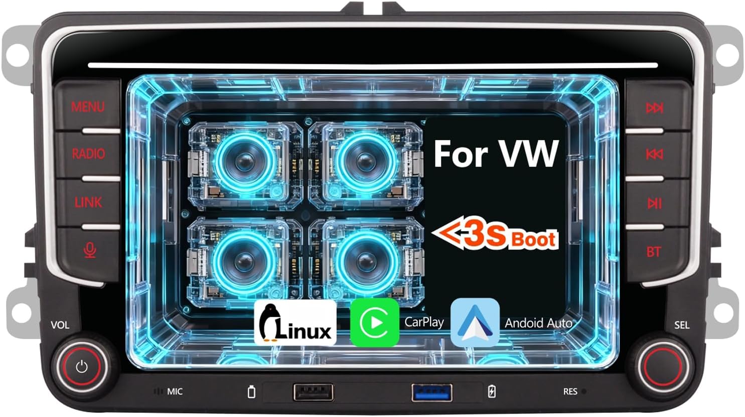 Caraudio for VW Upgrade RCD330 OEM with Wireless Carplay Andriod Auto Linux AM/FM/RDS BT5.0 Radio with Head Unit Physical Knob Fast Boot Plug and Play Car Receiver for VW Golf 5 6 /Passat/Jetta/Caddy