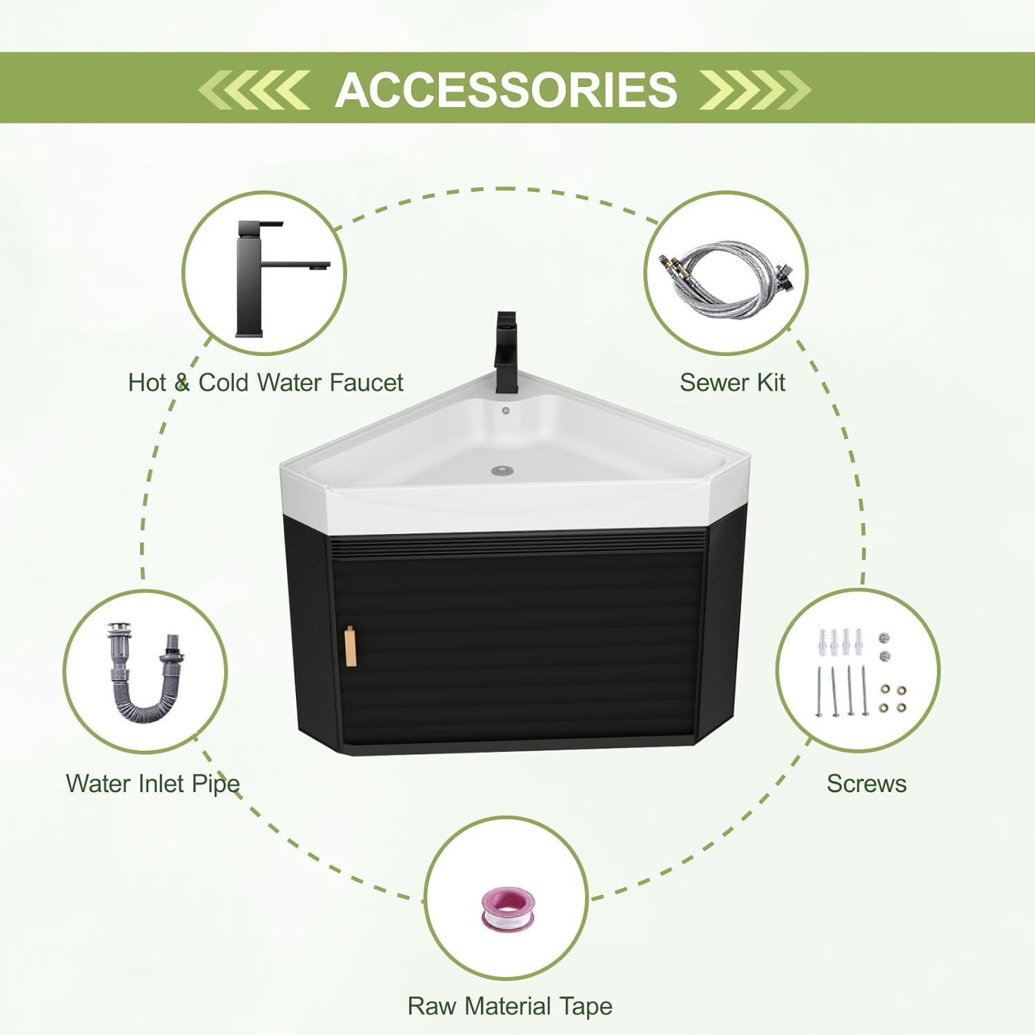 Corner Bathroom Vanity with Metal Cabinet, Modern Corner Bathroom Vanity, Wall Mount Small Utility Sink, Pedestal Sink Set with Drain, Console Sink(Black, 16.53in)