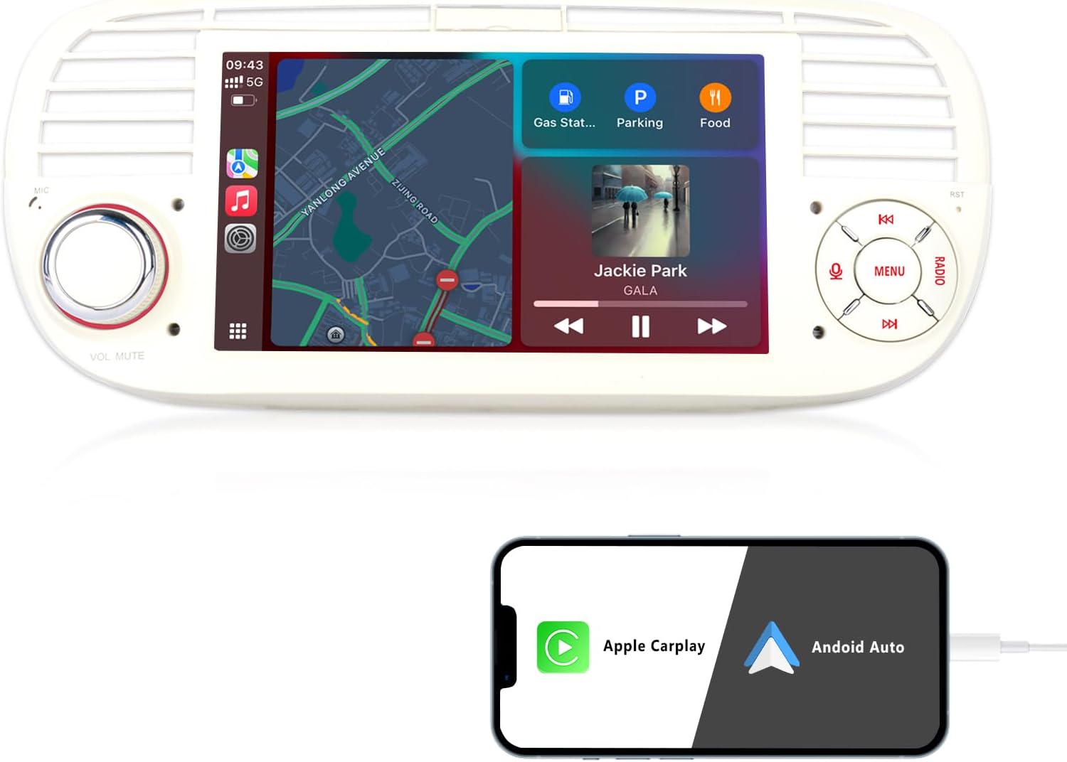 Car Audio for Fiat 500 2007-2015 Upgrade System Hi-Fi Sound with Wireless CarPlay/Android Auto Plug-and-Play Autoradio Models Tuned RDS/AM/FM/USB BT 5.0 Subw EQ SWC (White)