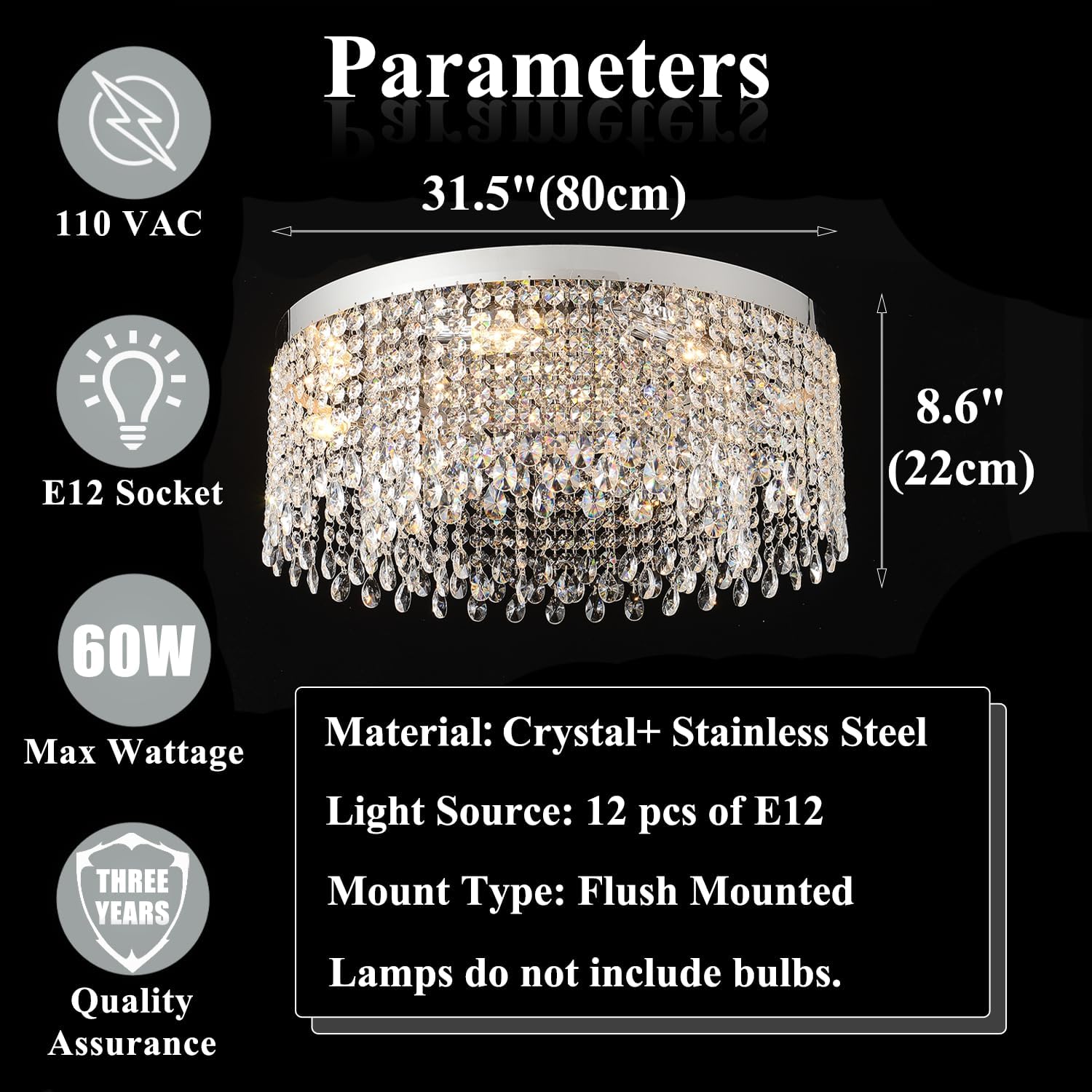 Modern Crystal Ceiling Light Chandelier 31.5in Raindrop Crystal Chandelier Large Flush Mount Light Fixtures for Living Room Dining Room Bedroom Chrome