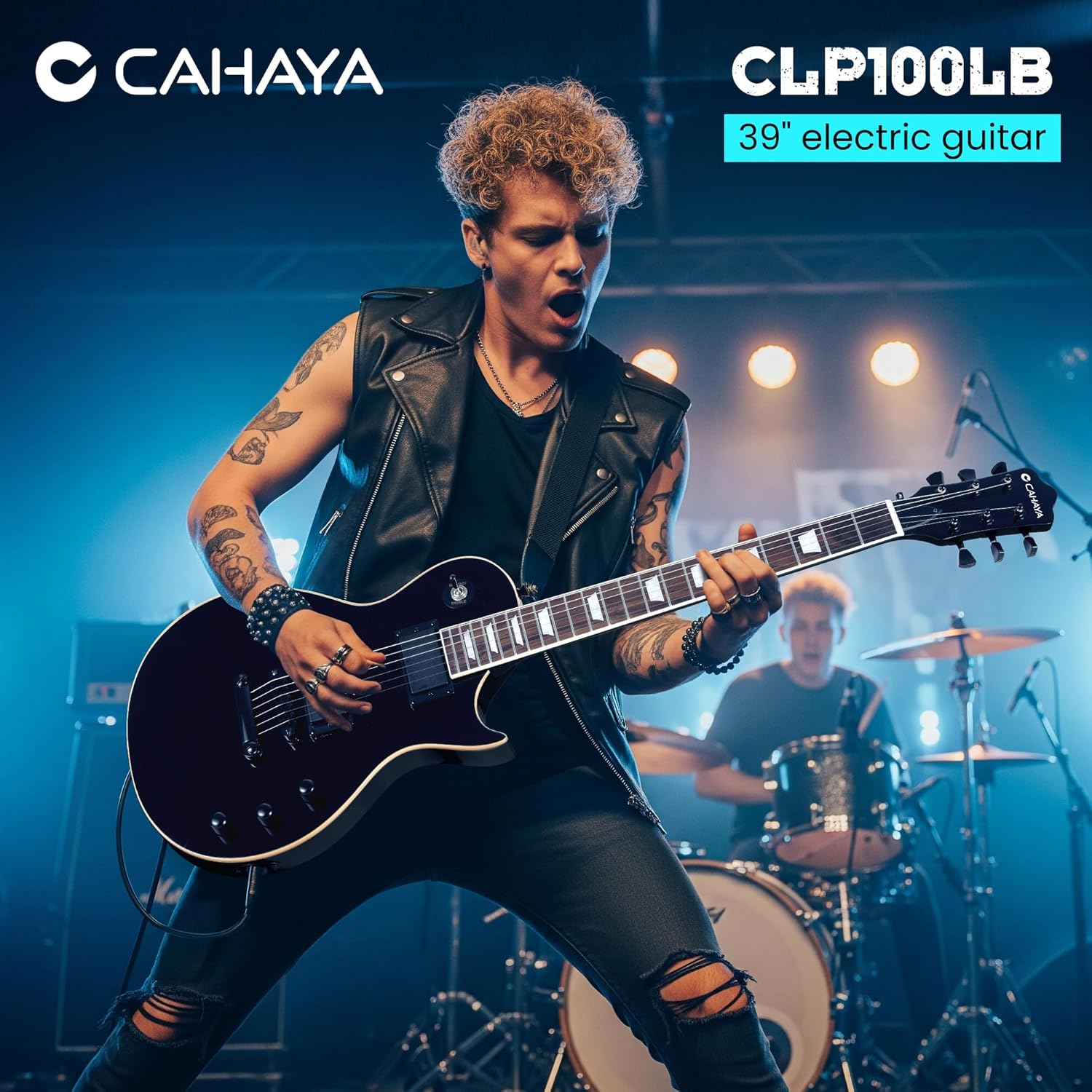 CAHAYA Electric Guitar Kit 39 In - Full Size LP Beginner Electric Sett with Solid Okoume Body 2 Humbucker Pickups, Maple Neck, Gig Bag, Strap, Cable for Adults Teen Black