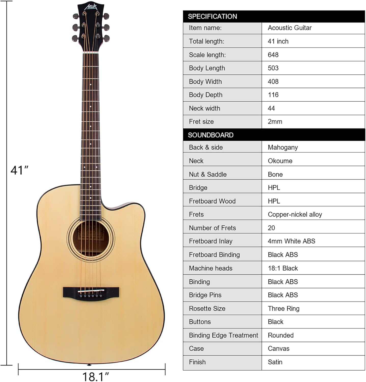 AKLOT Acoustic Guitar for Beginners Full Size 4/4 Folk Guitars Cutaway Acoustique Guitare Starter Kit (Spruce Wood W/Bag)