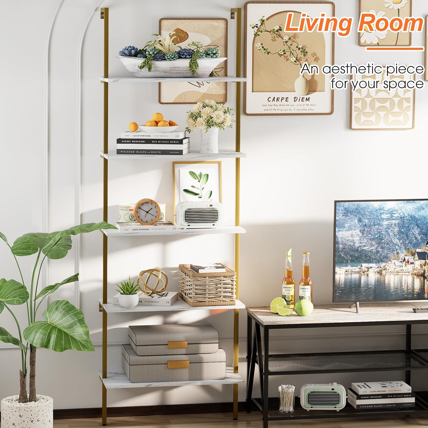 5 Tiers Ladder 2-Piece Shelf White Marble Modern Bookshelf Open Tall Wall Mount Bookcase Standing Leaning Wall Shelves Industrial Decorative