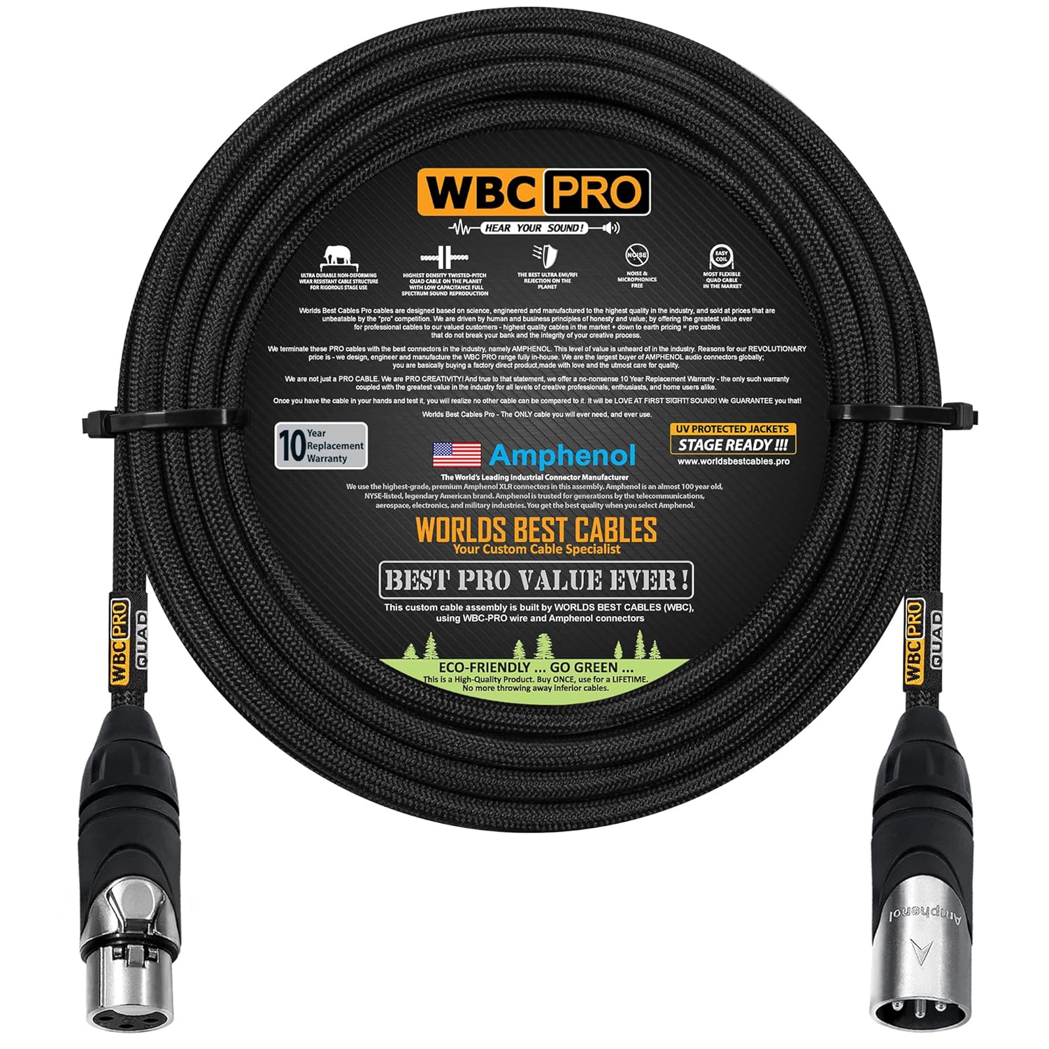 150 Foot - WBC-PRO-Quad Ultra-Silent Ultra-Flexible Balanced Star-Quad Cable with Amphenol Male & Female XLR Plugs & Black Tweed Jacket