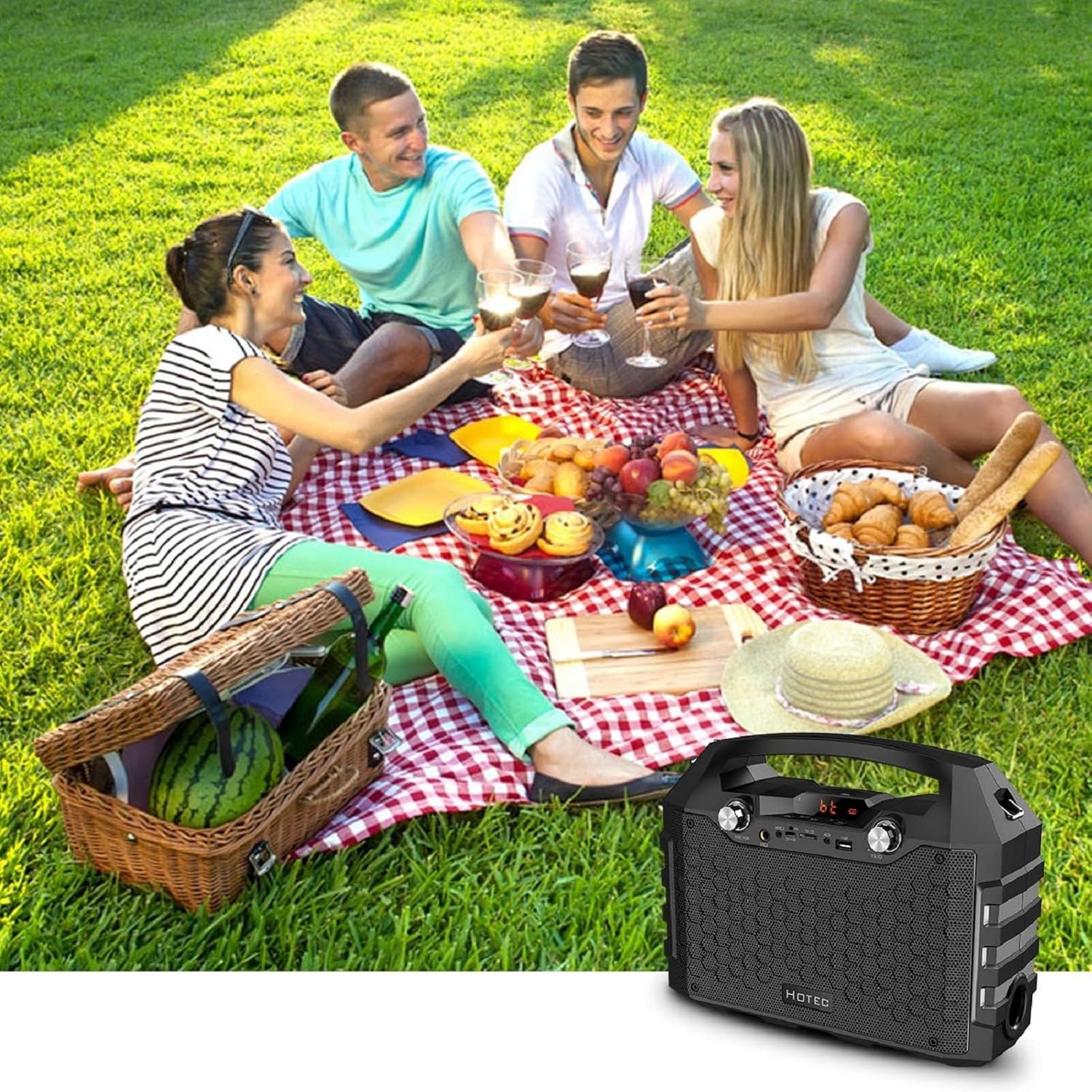 Hotec Wireless Bluetooth Portable PA Speaker System, Powerful Bluetooth Karaoke Machine with Dual Wireless Microphones for Karaoke, Wedding, Party, Teaching, Lecture, Church, Outdoor Indoor Activities