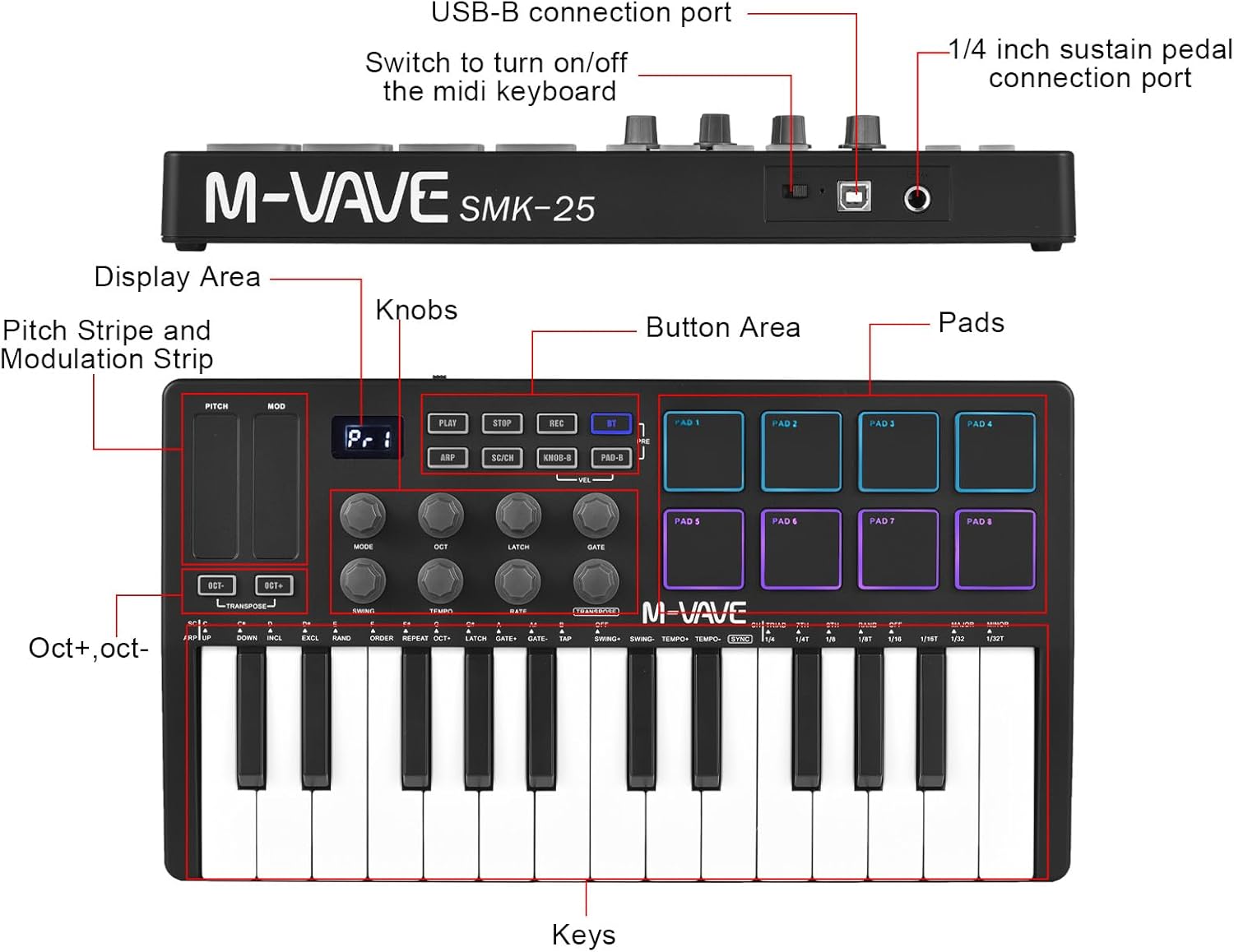 25-Key MIDI Control Keyboard Mini Portable USB Keyboard MIDI Controller with 25 Velocity Sensitive Keys 8 RGB Backlit Pads 8 Knobs