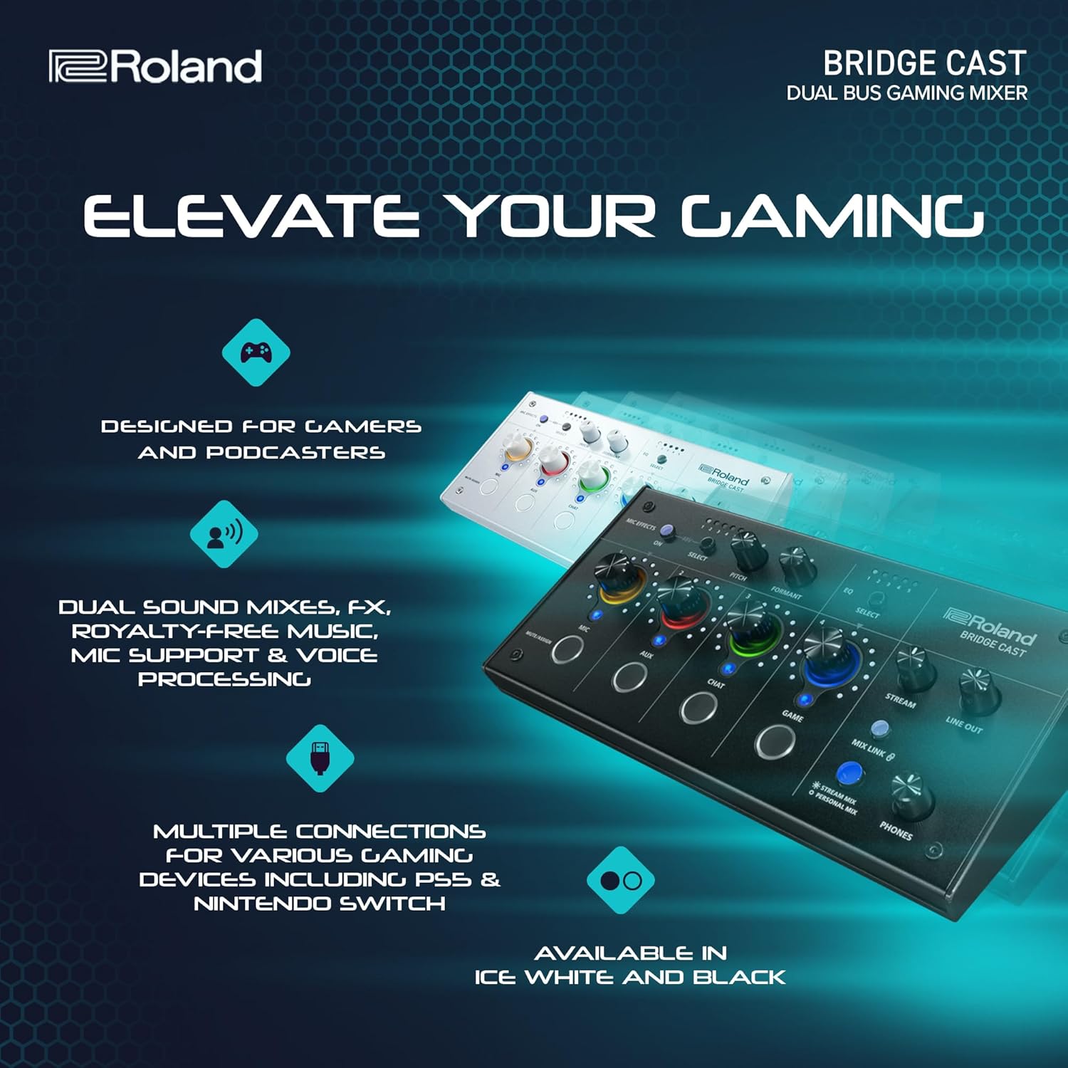 Roland BRIDGE CAST Dual Bus Gaming Mixer in Ice White | Pro Audio Streaming Interface and Mixer for Online Gamers | 32-Bit Hardware DSP | USB-C Windows and Mac Connectivity | XLR Input for Microphones