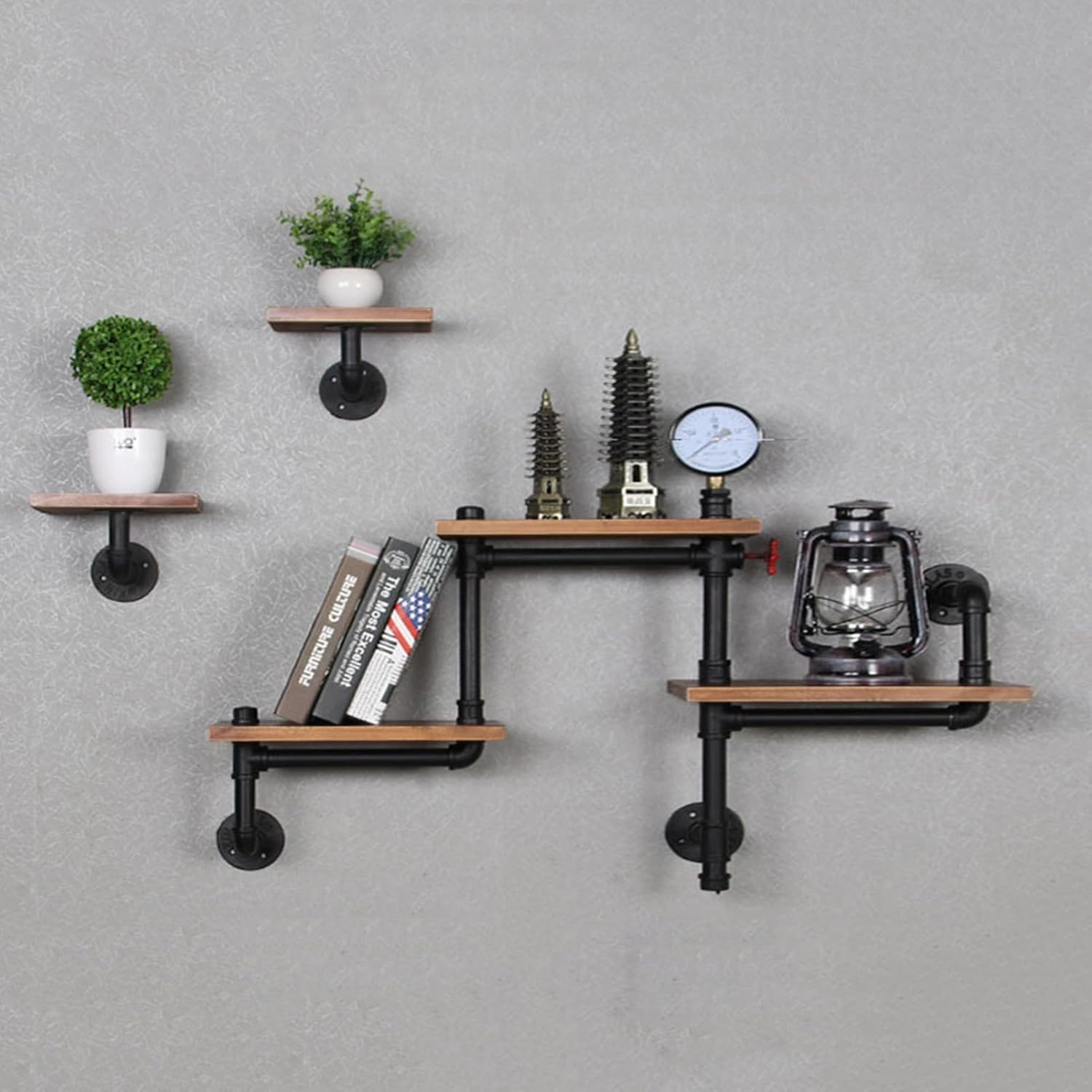 Rustic Floating Shelves Wood Industrial Iron Pipe Shelf Wall Mount Bookshelf Storage Floating Shelf Shelving (Color : 105x65x20cm, Size : Retro Color)