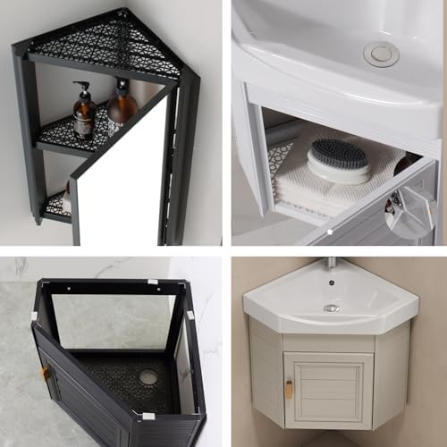 Freestanding Multi-Layer Kitchen Floor Cupboard，Corner Bathroom Sink Cabinet with Wall-Mount Ceramic Sink and Mirror, Space-Saving Storage Solution for Easy Installation in Bathroom and Kitc