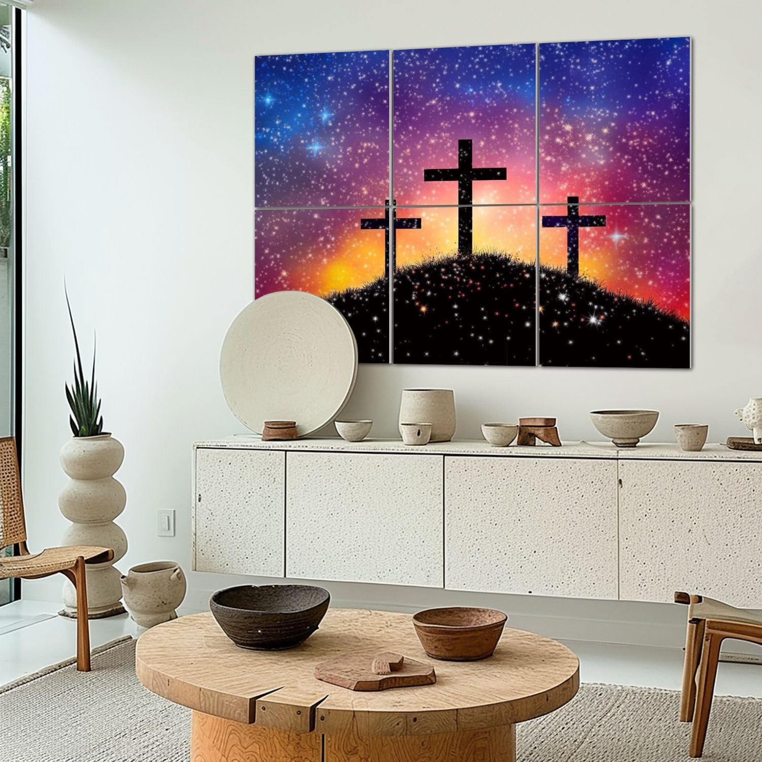 Art Acoustic Panels Self Adhesive cross Calvary hill sky filled by twinkling sparkling stars as symbol 6Packs Decorative Soundproof Wall Panels Large Sound Absorbing Panels for Home Office 48