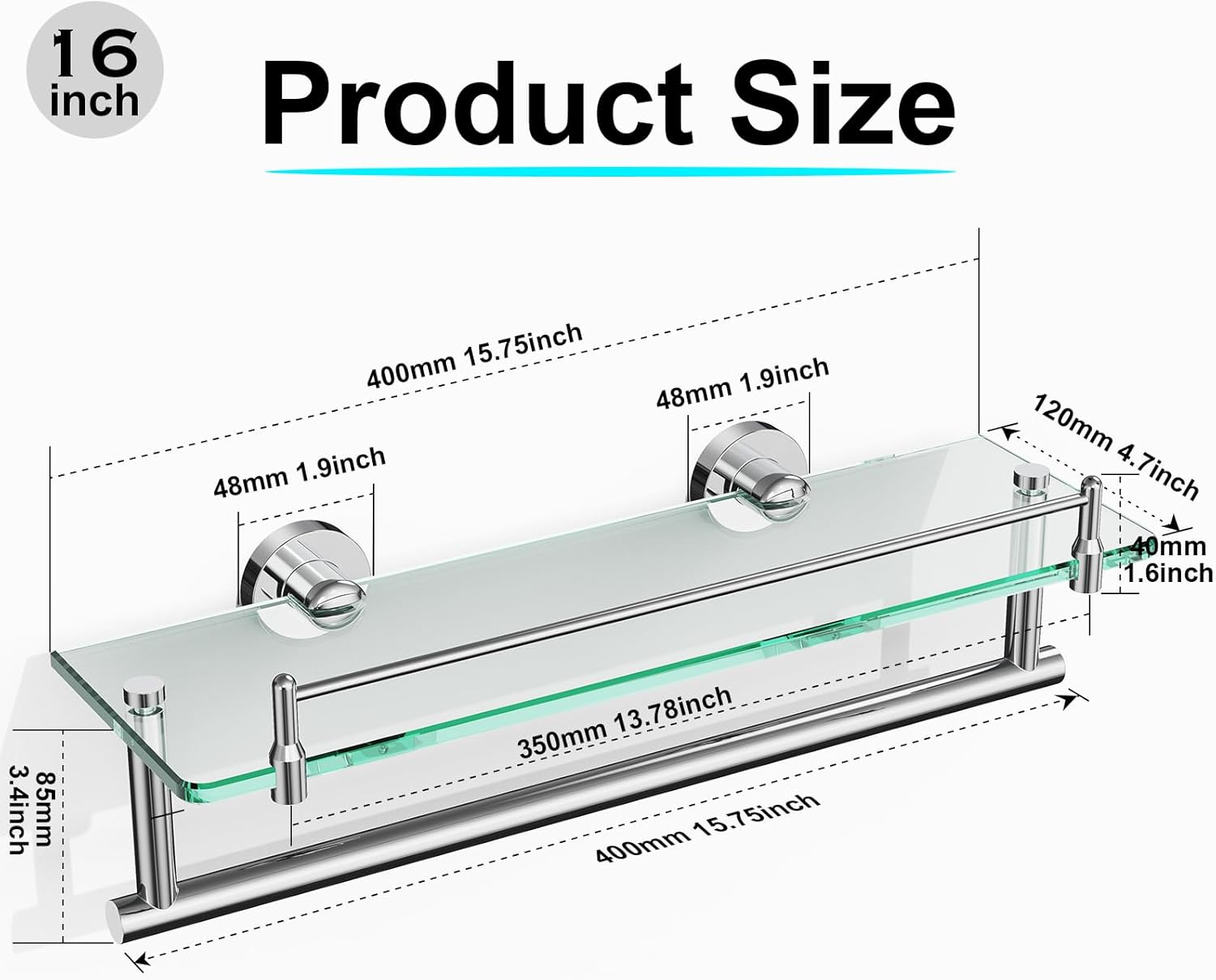 Glass Shelf for Bathroom 2 Pack,16-Inches Floating Glass Shelves Towel Bar/Track(Chrome Polished)