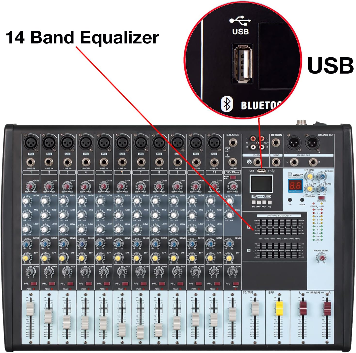 Boytone 12-Channel Professional Bluetooth Audio Mixer, PC Recording, 16 DSP Effects, 48V Phantom Power, 11 Mic Jack, DJ Stereo Input Soundboard Studio Controller, 14 Band EQ, RCA, Unpowered (BT-122MX)