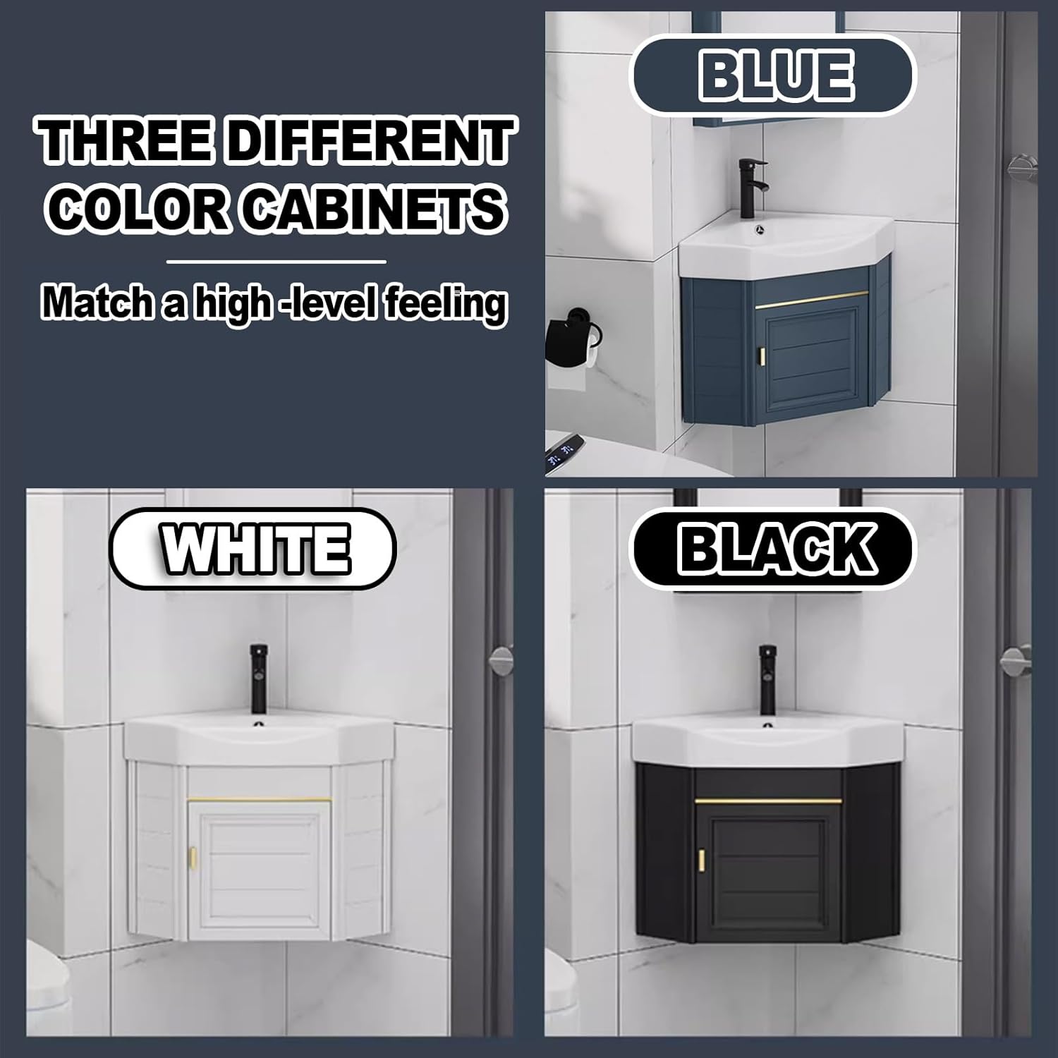 Ceramic wall mount corner bathroom vanity cabinets,for Small Space Cabinet Set Design,Bathroom Cabinet with Faucet and Drain,for Home Kitchen Patio Laundry Room. ( Color : Black , Size : 43*43cm )