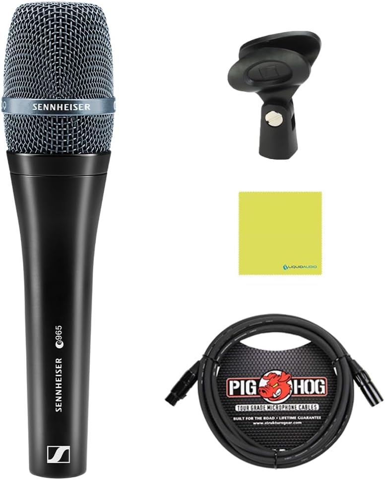 Sennheiser E 965 Condenser Handheld Vocal Microphone Bundle w/Pig Hog PHM10 8mm Mic Cable Polishing Cloth