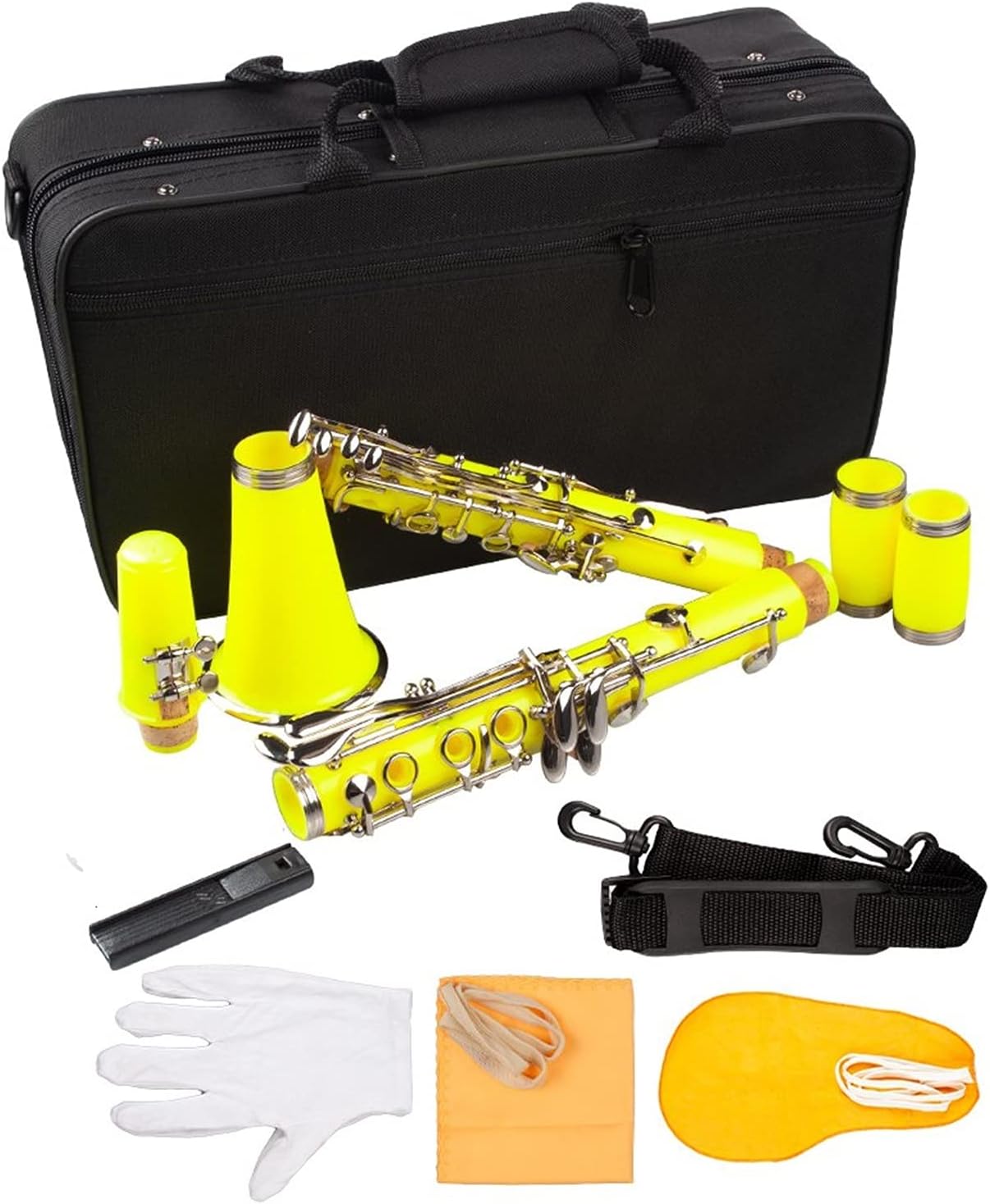 Standard Clarinet Yellow ABS Clarinet Bb Cupronickel Nickel Plated 17 Keys with Cleaning Cloth Gloves Woodwind Instrument Beginner Clarinet