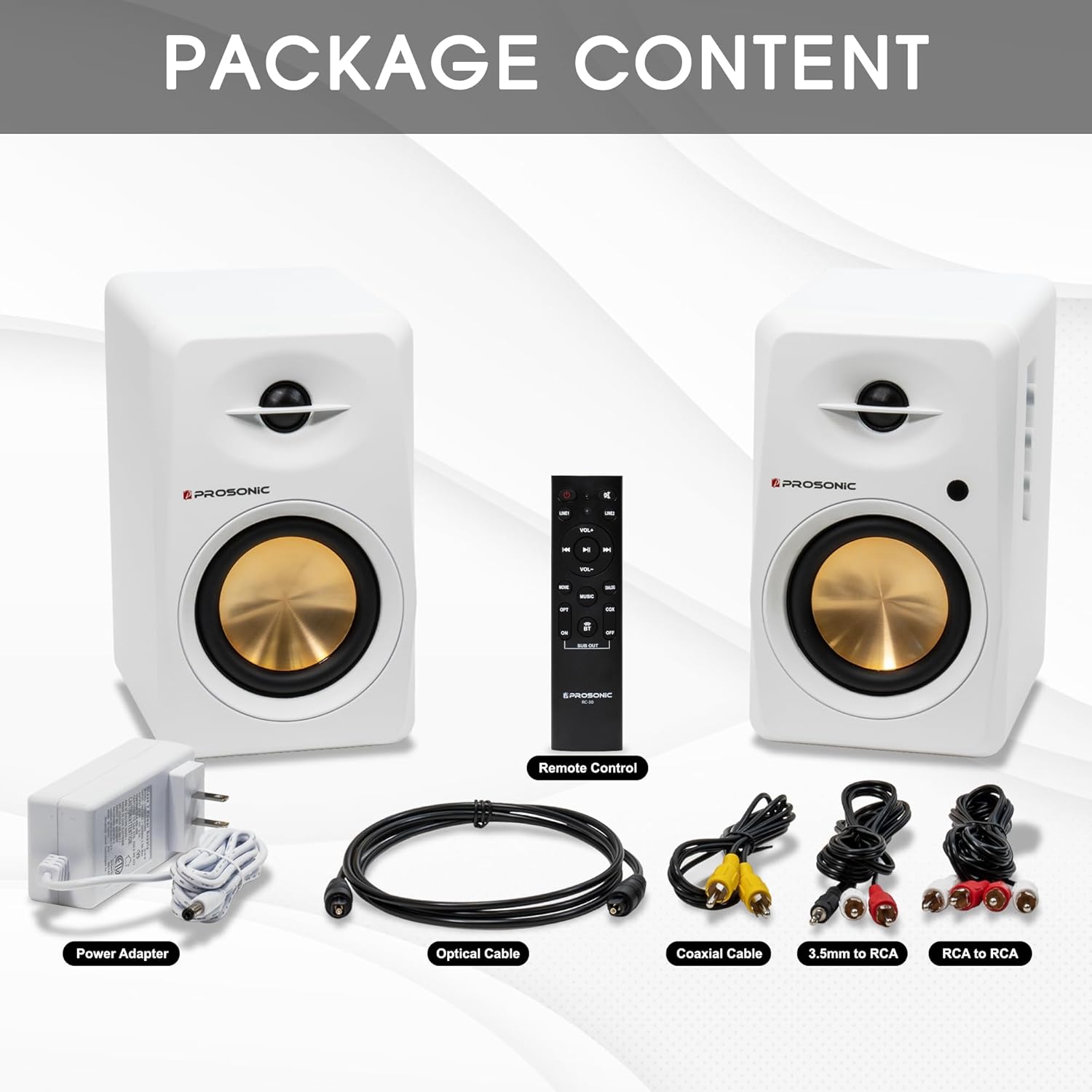 Prosonic BT30 Powered Bluetooth Bookshelf Speakers, Studio Monitor, Home Theater, Turntable, with Optical Input, Coaxial Input, Aux Inputs, 4