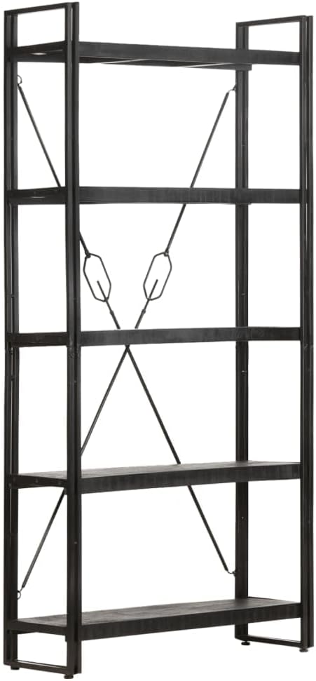 Black Industrial Bookcase, Solid Rough Mango Wood, Powder-Coated Steel Frame, 5-Tier Display Shelf, 11.8x35.4x71 Inch, Living Room Storage Home Office