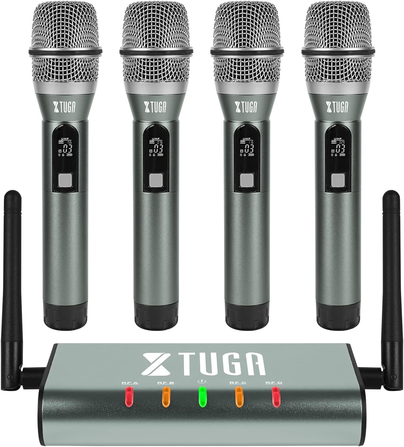 XTUGA UF4600 4 Channel UHF Wireless Microphone System Cordless Microphone with 4 Handheld Mic Mini Receiver Metal Build Long Distance 164ft for Church, Party, Outdoor Events