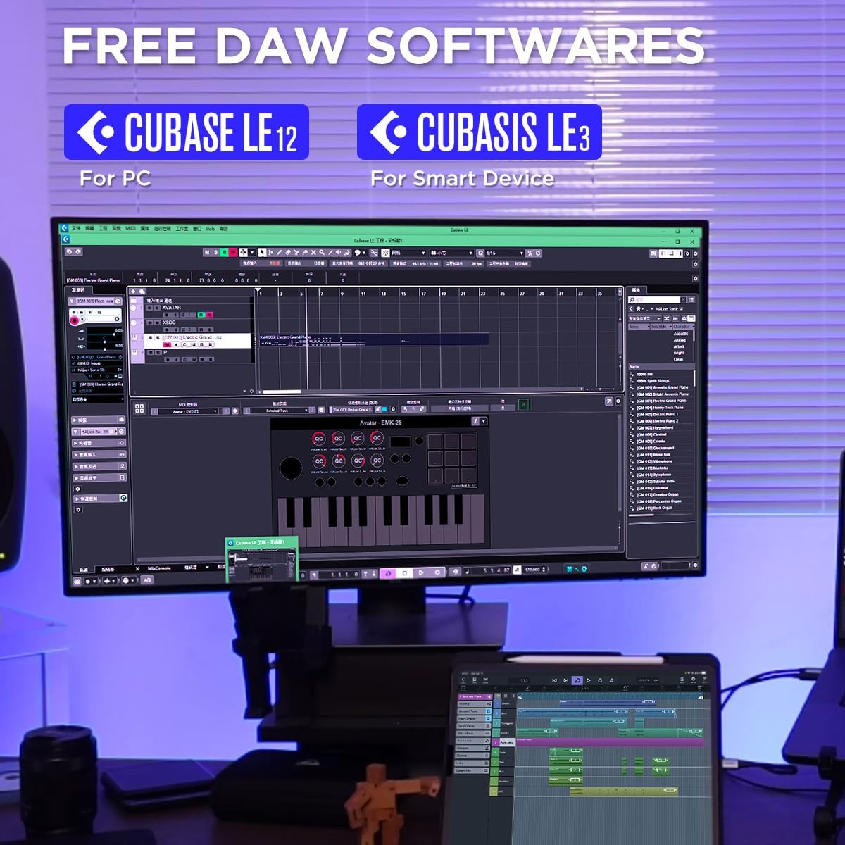 Portable Bluetooth MIDI Keyboard Controller, With 25 Key, 9 Backlit Beat Pads, OLED Display, 8 Knobs, Software Included, USB Powered/Battery Operation