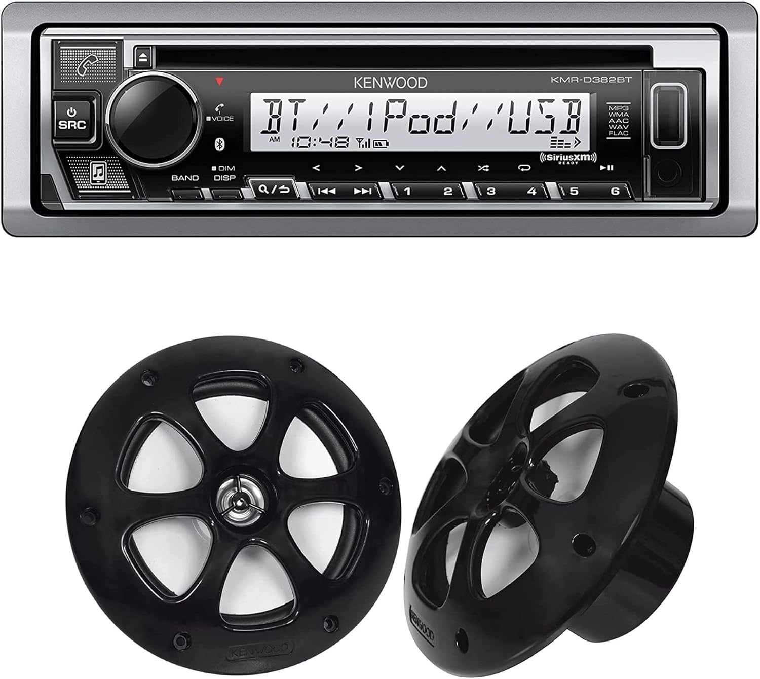 Kenwood KMR-D382BT Car & Marine Stereo | Plus 1x KFC-1613MRB/W 6.5 Inch 2 Way Coaxial Waterproof Marine Motorsports Boat Speakers, Pair, 4 Ohm, 100 Peak Watts (Black)