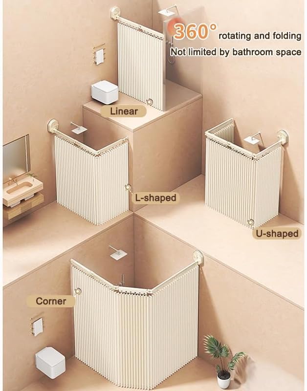 Folding Shower Curtain, Wall Mount Corner Water Proof Curtain, 360° Adjustable Angle Hanging Privacy Partition Panel for Bathroom Bathtub Dressing Room(Beige-B,140-180cm(200cm))