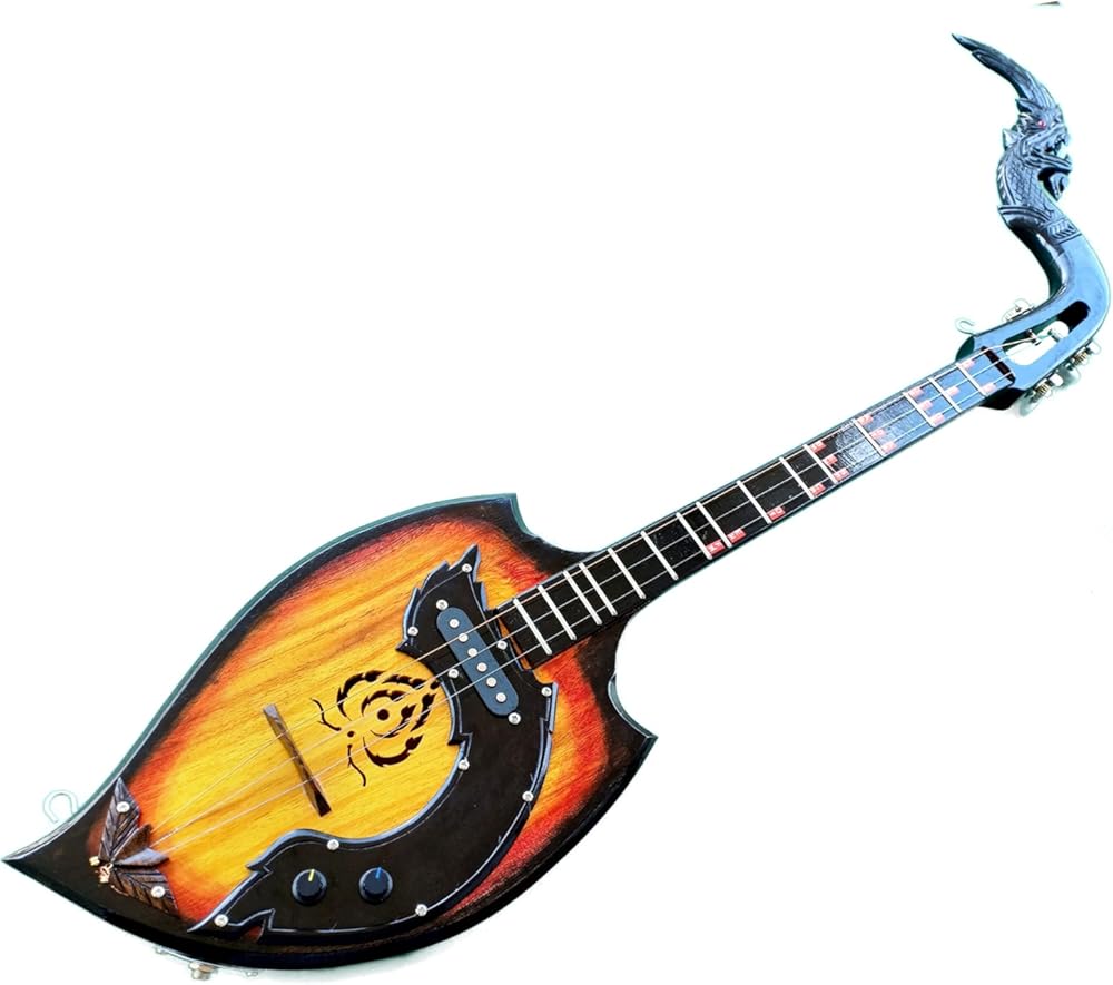 Isarn Acoustic Electric Phin 3 Strings, Thai Lao Guitar Musical Instrument, Traditional Thai Musical Pin79