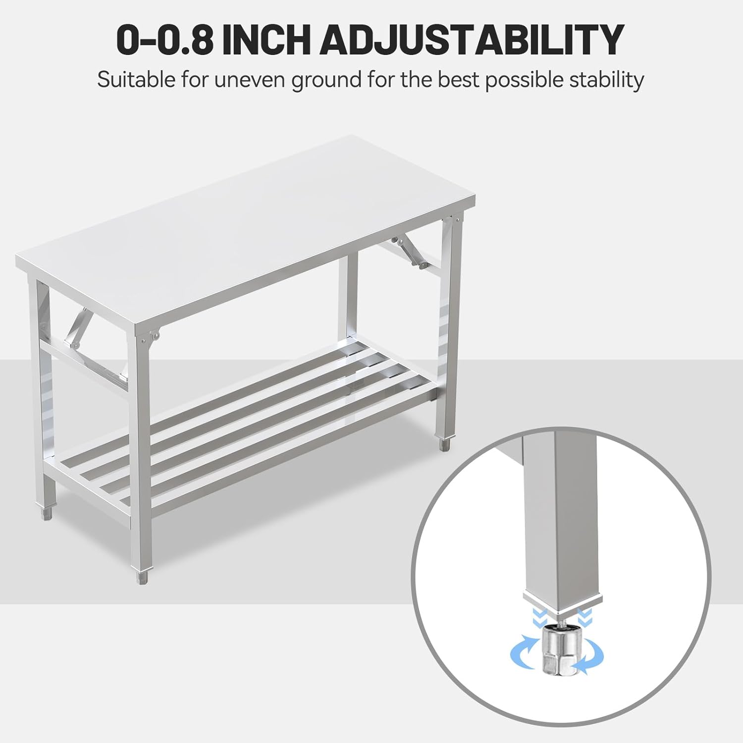 Folding Stainless Steel Table with Adjustable Table Corners and Lower Removable Shelf 20X45 Inches for Outdoor Camping, Maintenance Room, Storage, Kitchen (with undershelf)