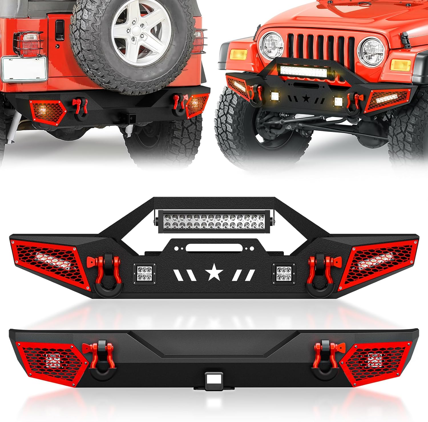 SUORTO Front and Rear Bumper Compatible with 1987-2006 Jeep Wrangler TJ YJ LJ Rock Crawler Bumpers Include Winch Plate, 2