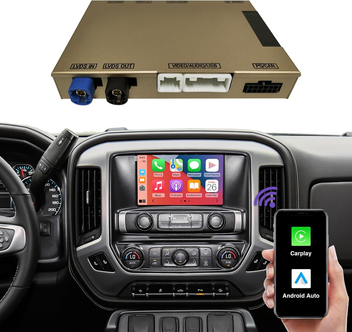 Wireless CarPlay & Android Auto Retrofit Module Compatible with Cadillac, Buick, Chevrolet and GMC (2014–2020) HMI 2.0 System, Supports Android Auto, Mirror Link, and Reverse Camera