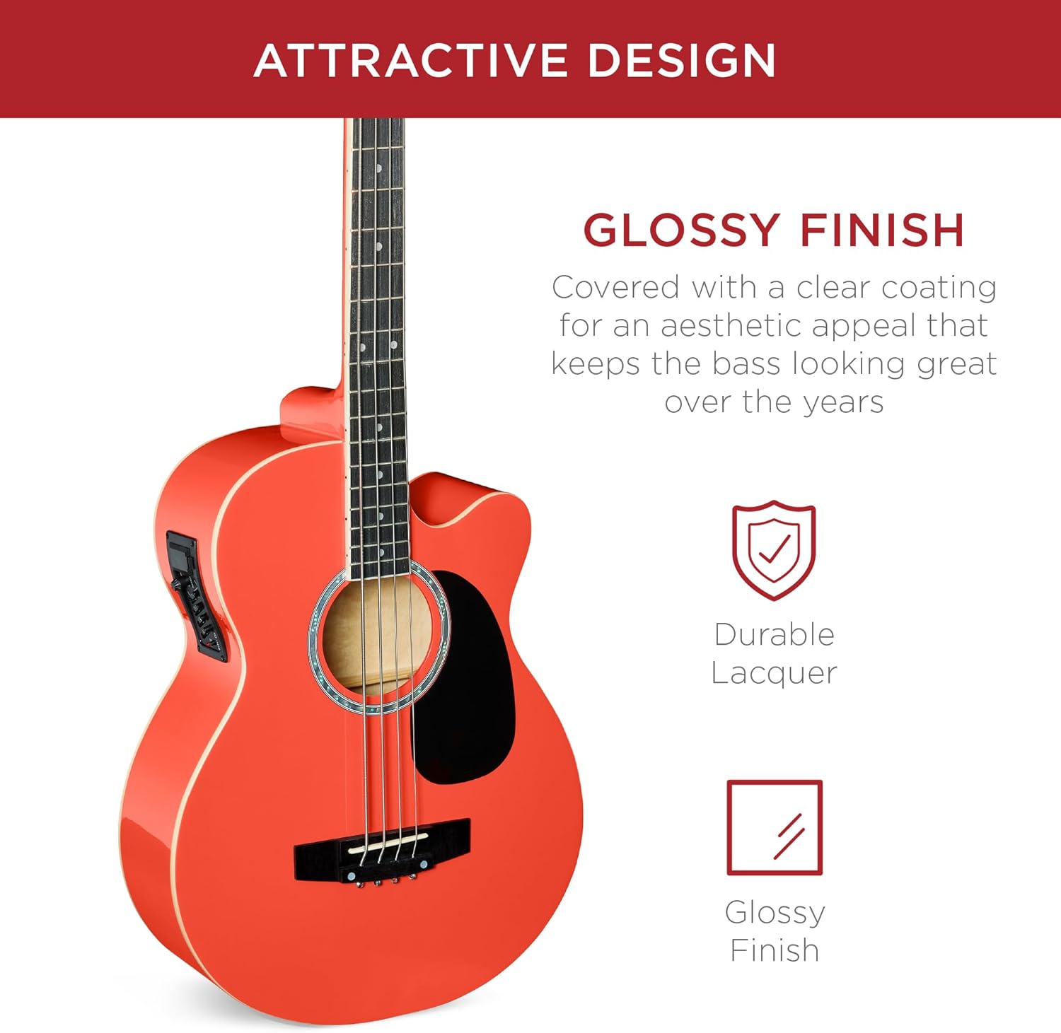 Best Choice Products Acoustic Electric Bass Guitar, Full Size 4 String, Fretted Bass Guitar w/Padded Gig Bag - Red