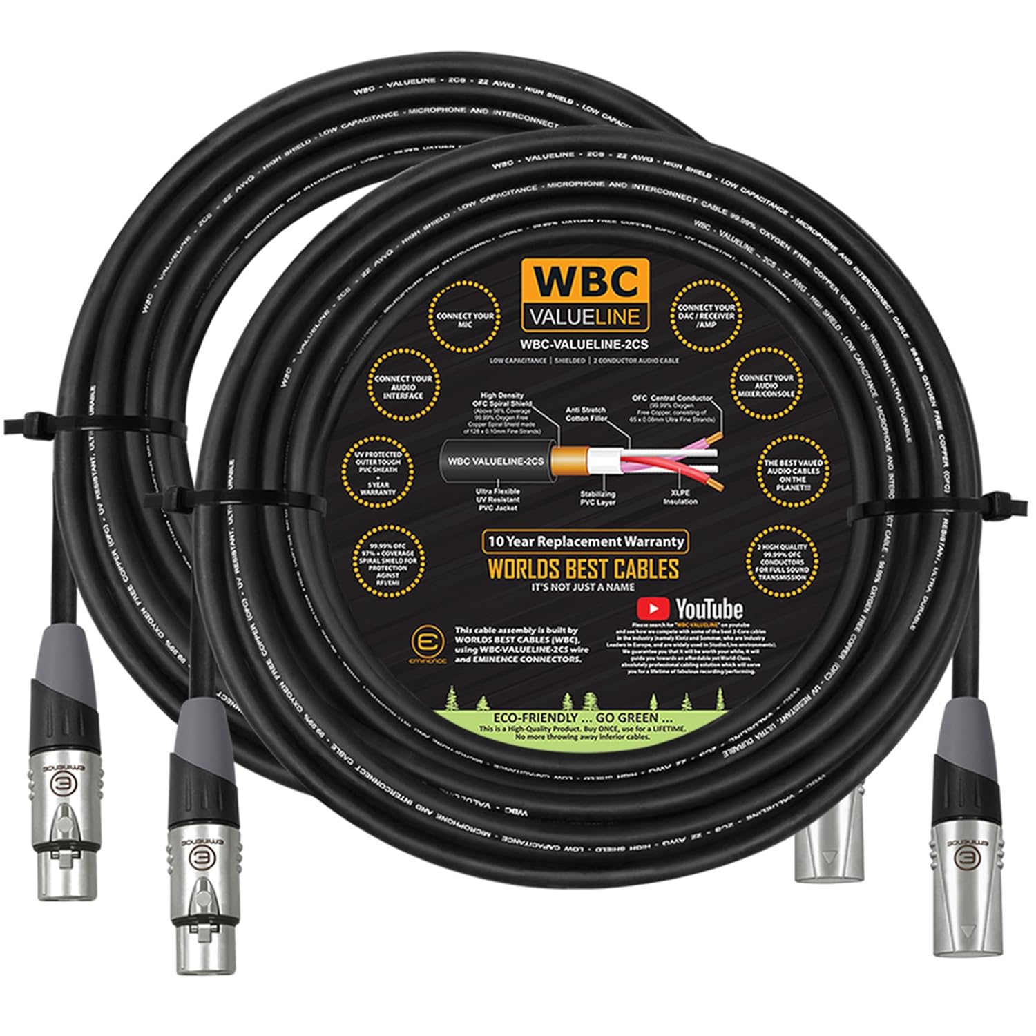 WBC-VALUELINE-2CS (22 AWG) - 2 Units - 100 Foot–Low-Capacitance Shielded Balanced Flexible Microphone, Active-Speaker & Interconnect Cables with Eminence Gold XLR Connectors