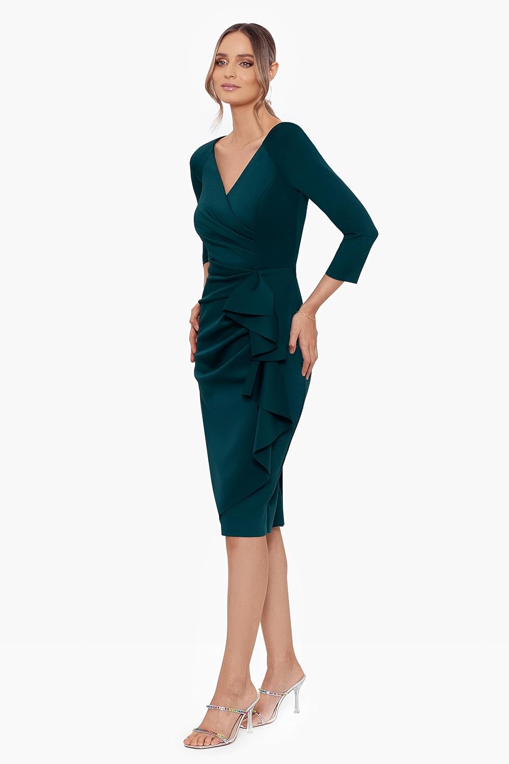 Xscape Womens Xscape Women's Short, Scuba Crepe Dress, with Long Sleeves and Ruffle Detail