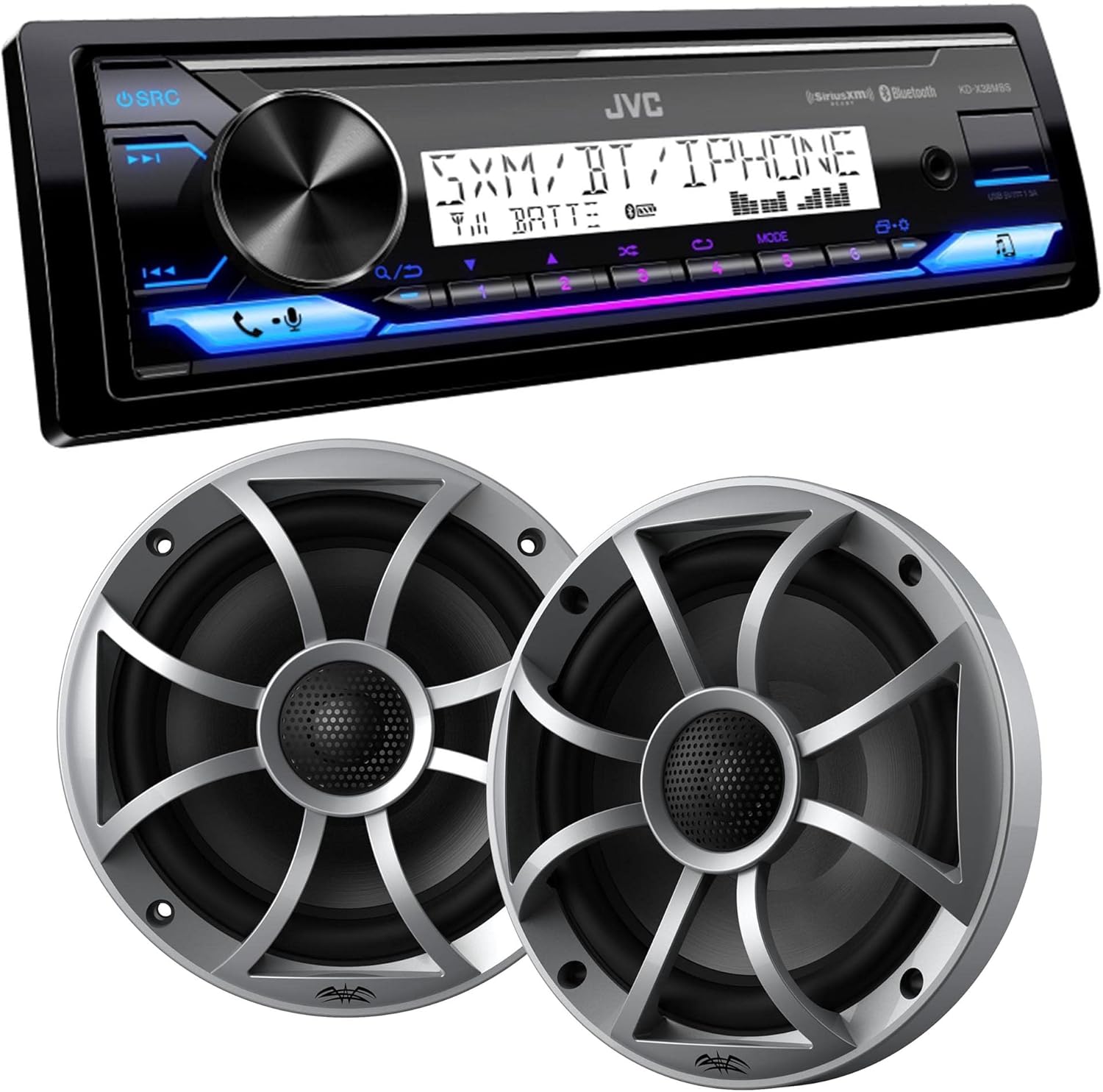 JVC KD-X38MBS Marine Digital Media Receiver with Bluetooth, USB, SiriusXM Ready, Conformal Coated PCB with 1 Pair Wet Sounds RECON6-S 6.5