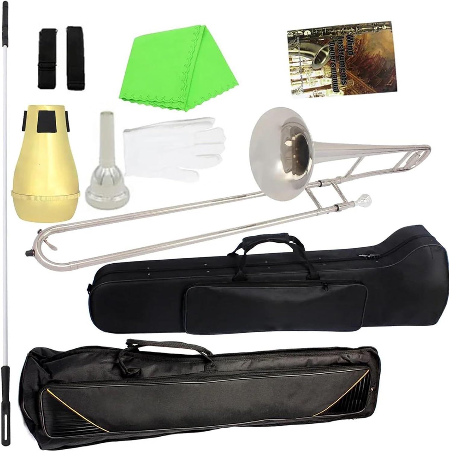 Professionals euphonium Bb Lacquer Silver Trombone Brass Body Alto Trombone Set With Mouthpiece Storage Bag Mute Rod Accessories(Silver trombone set)