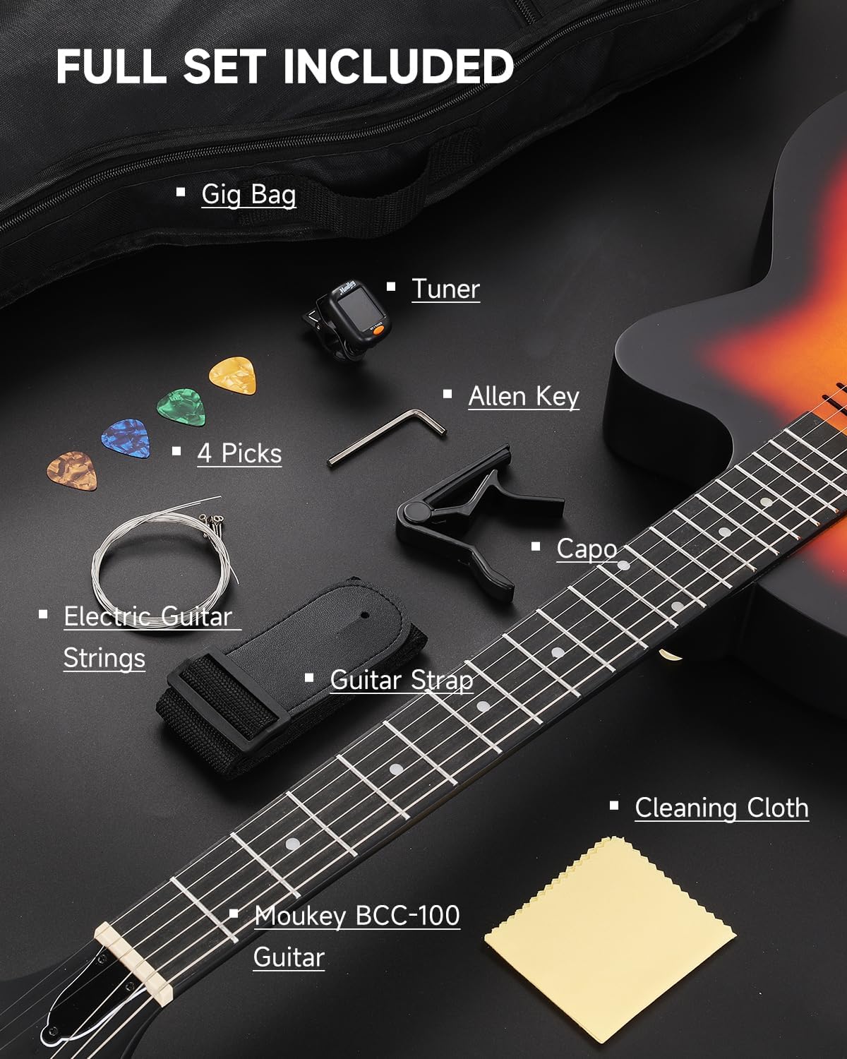 Moukey BCC-100 Acoustic Electric Guitar 39-Inch, Cutaway Guitar with Passive Pickup, Gig Bag, Strap, Picks, Tuner, and Capo, Dual Acoustic＆Electric Modes, Sunburst